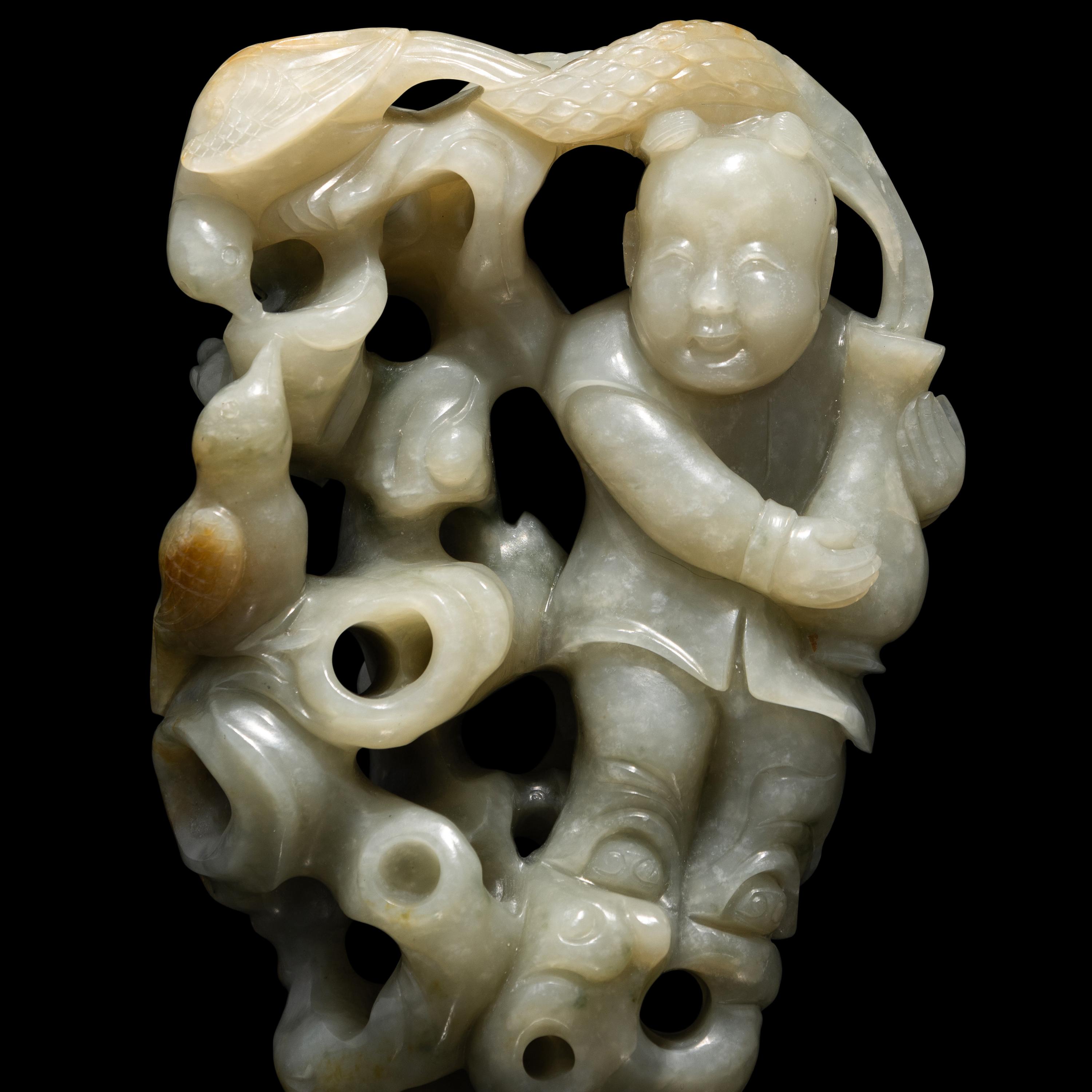 A Chinese Greyish Celadon Jade Group of a Boy and Birds, Qing Dynasty 清 青玉鏤雕童子持蓮
