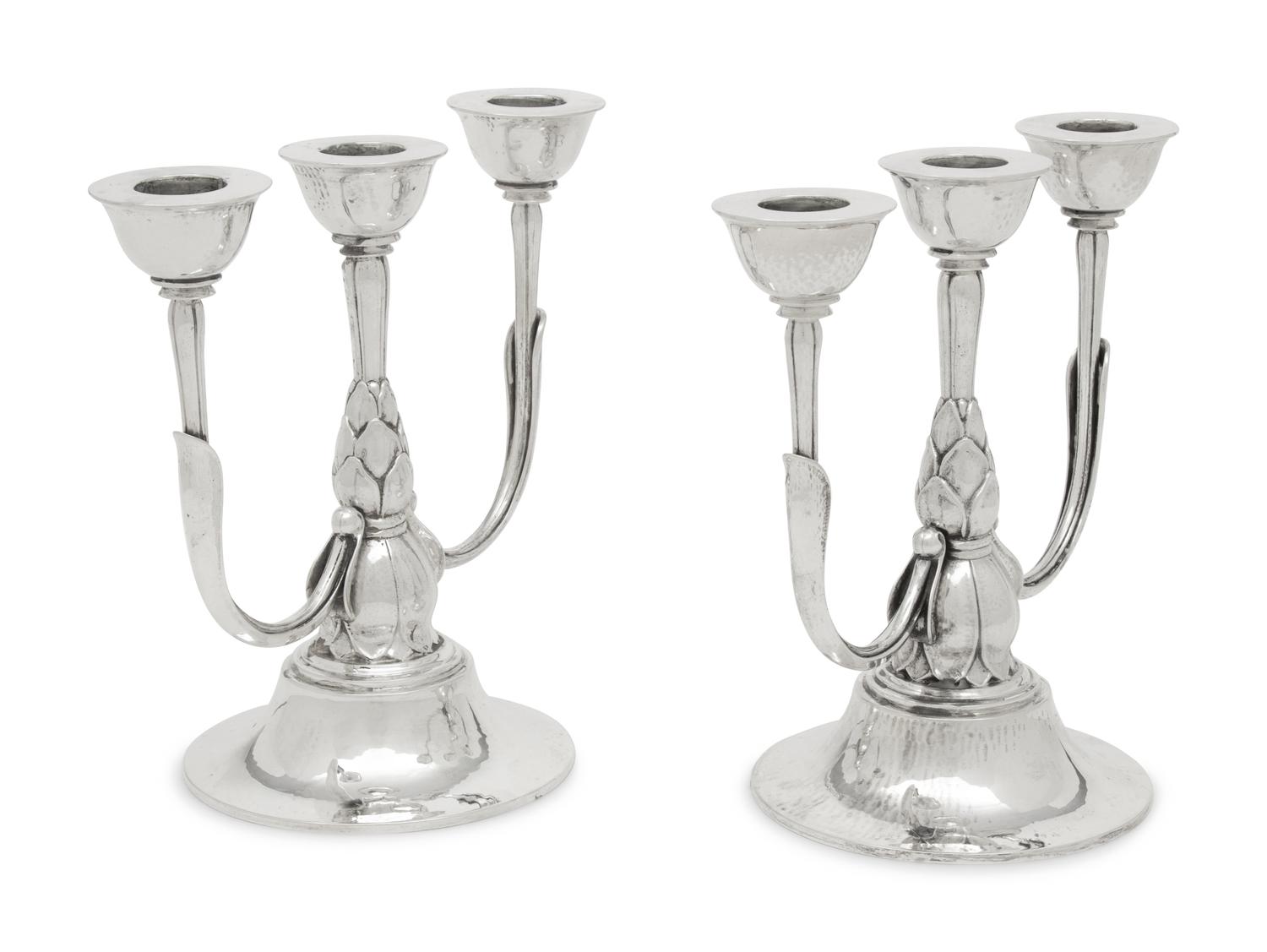 A Pair of Harald Nielsen for Georg Jensen Silver Three-Light Candelabra