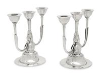 A Pair of Harald Nielsen for Georg Jensen Silver Three-Light Candelabra