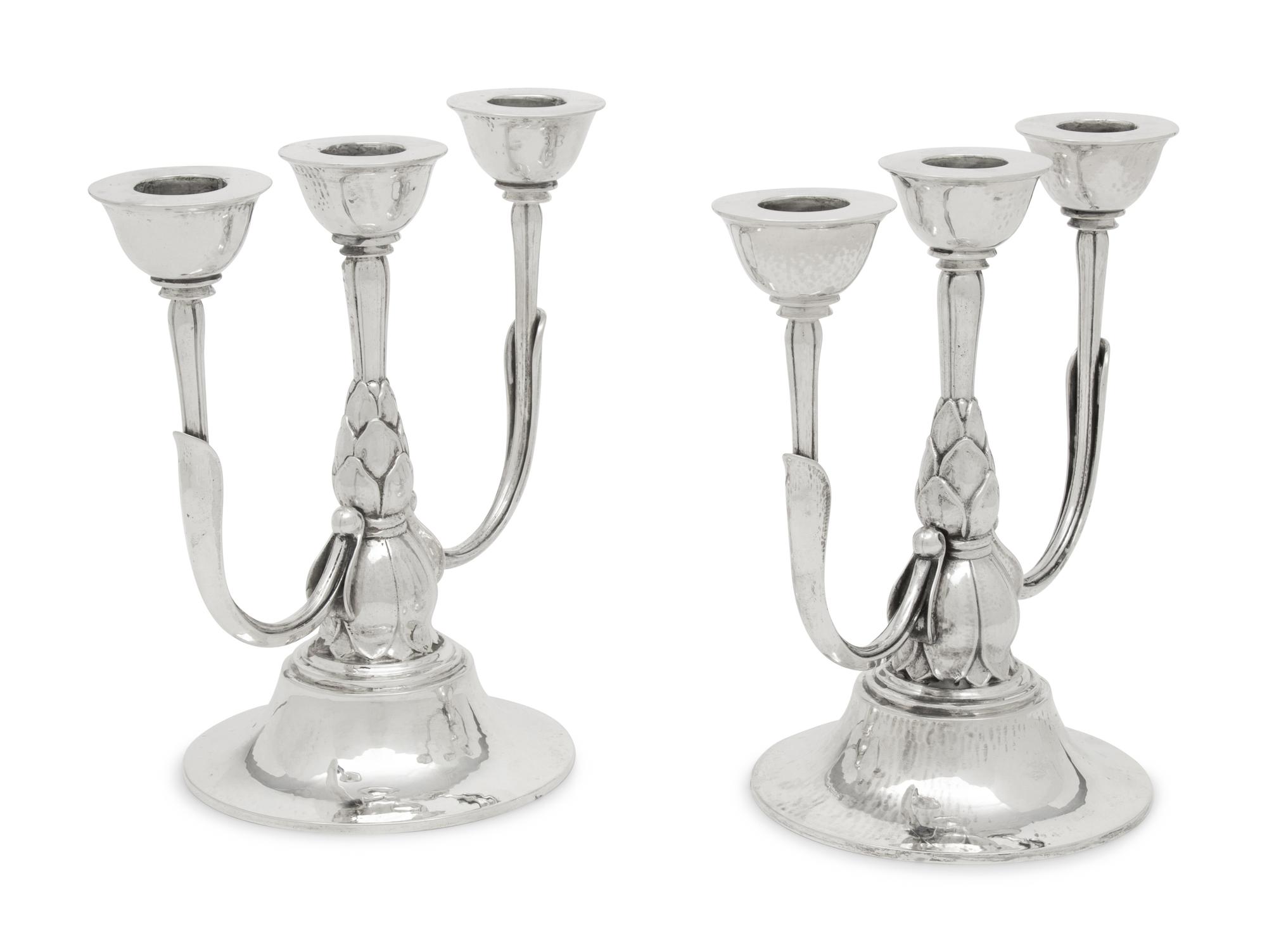 A Pair of Harald Nielsen for Georg Jensen Silver Three-Light Candelabra