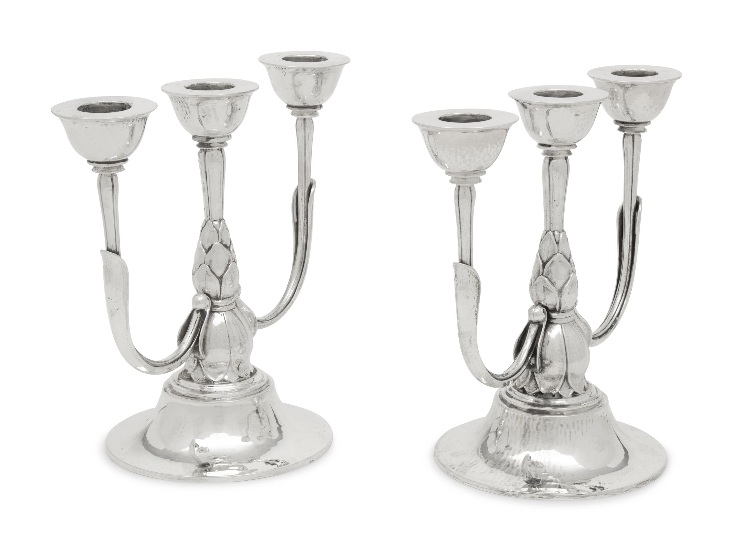 A Pair of Harald Nielsen for Georg Jensen Silver Three-Light Candelabra