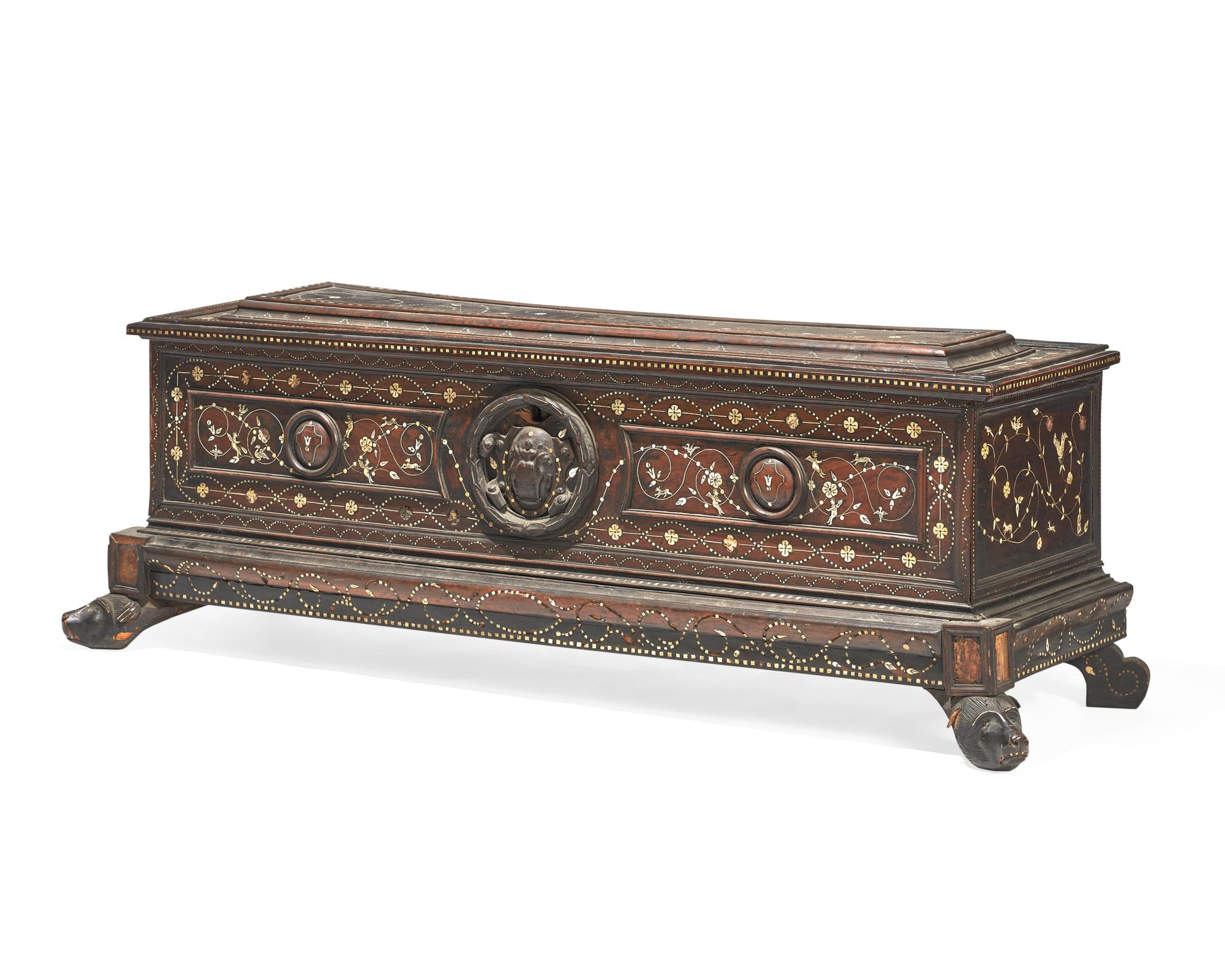 An Italian Baroque bone-inlaid walnut cassone, 17th century