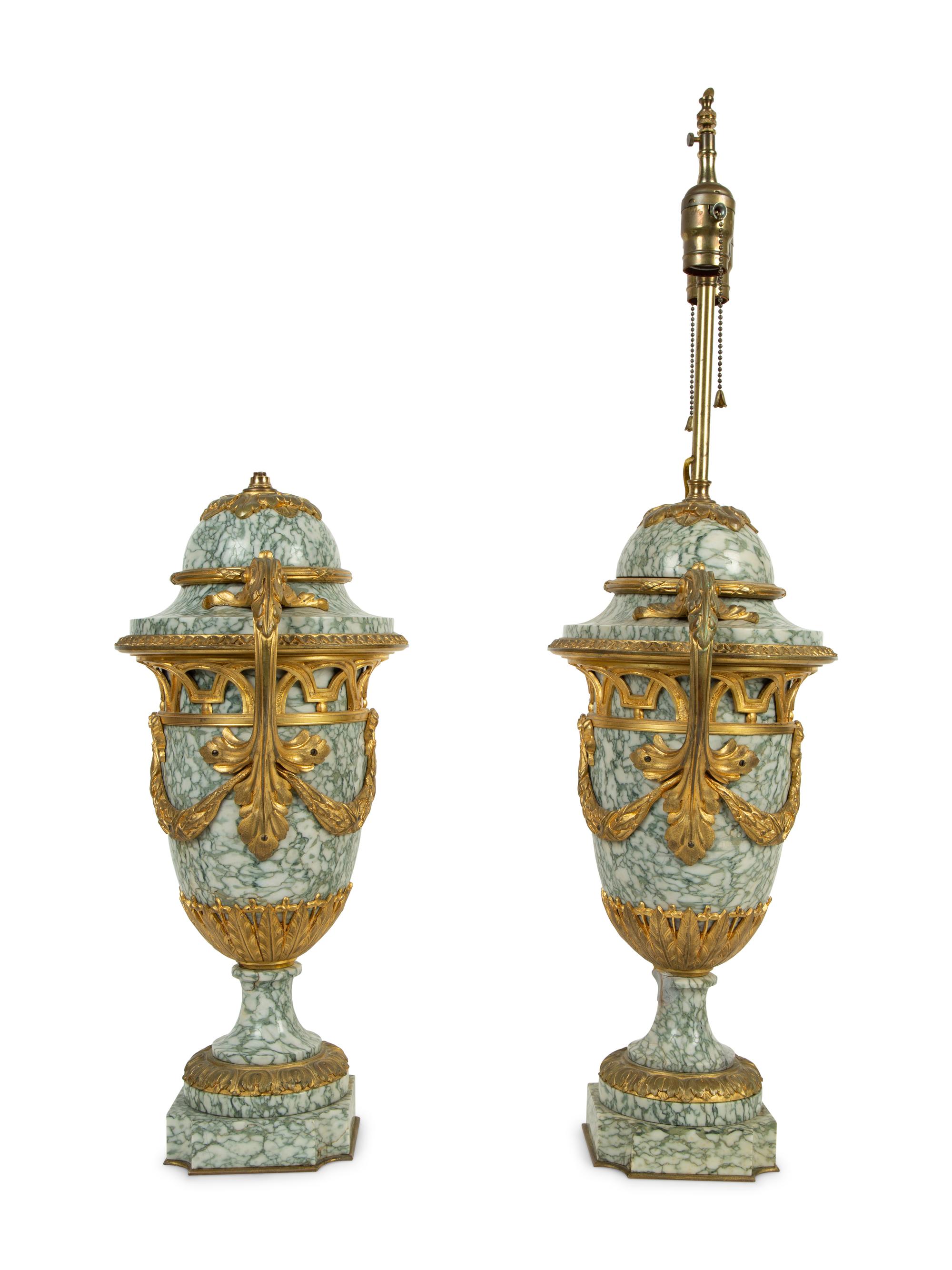 A Pair of Louis XV Style Bronze Mounted Marble Urn-Form Lamps — 19TH CENTURY