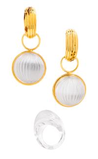 A Collection of Lalique Goldtone and Crystal 'Nerita' Jewelry, Earclips: 2" L x 1" W; Ring size: 6 1/4.