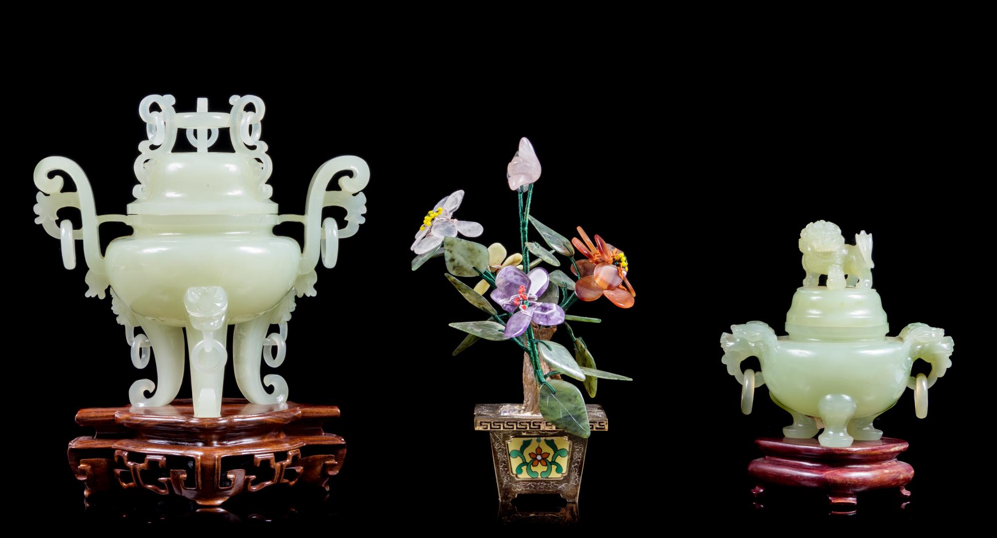 Three Chinese Hardstone Articles Height of Largest 6 1/2 inches.