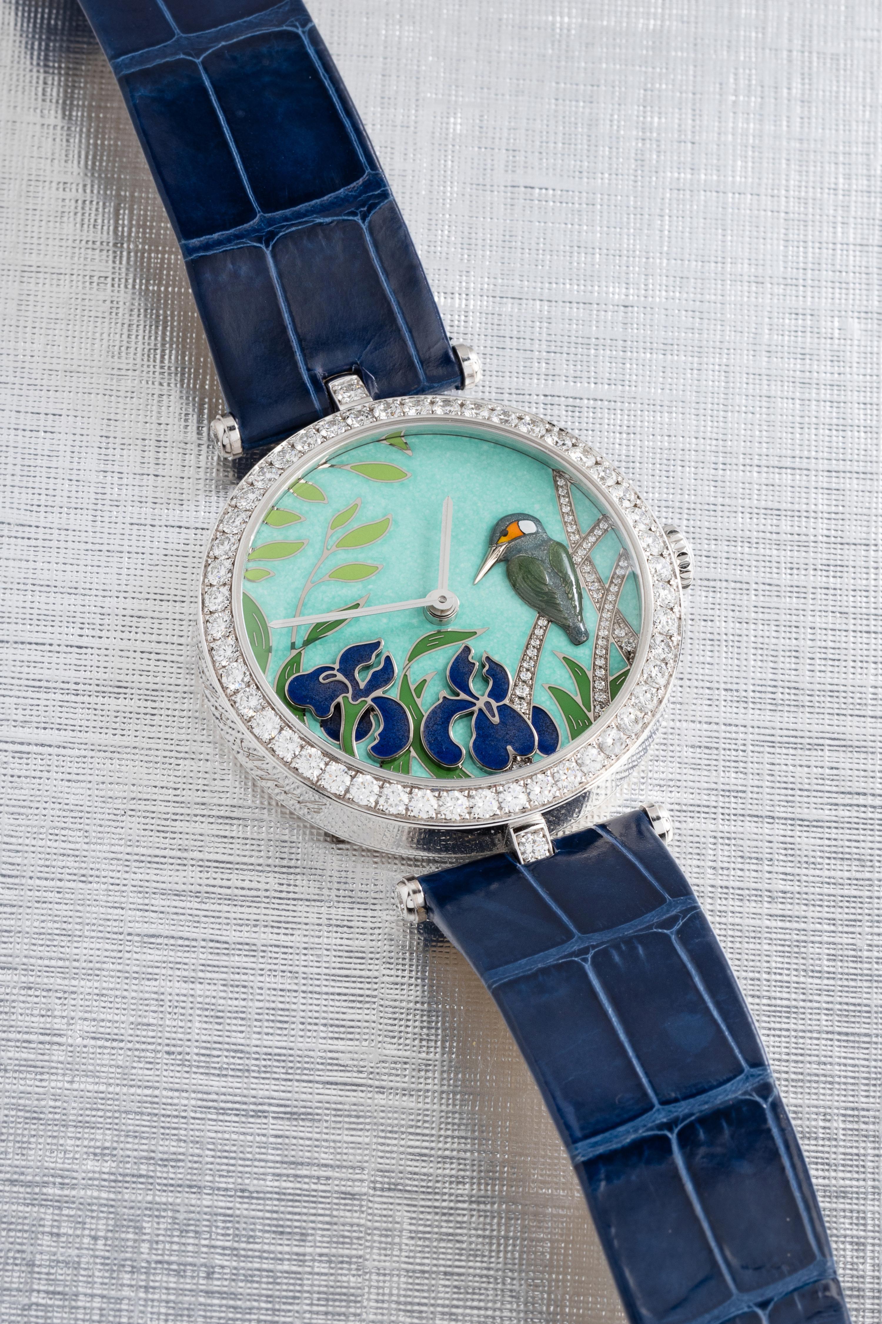 VAN CLEEF & ARPELS, WHITE GOLD, ENAMEL AND DIAMOND 'LADY ARPELS CHANCE MARTIN-PÊCHEUR' WATCH, LIMITED SERIES 14 of 22