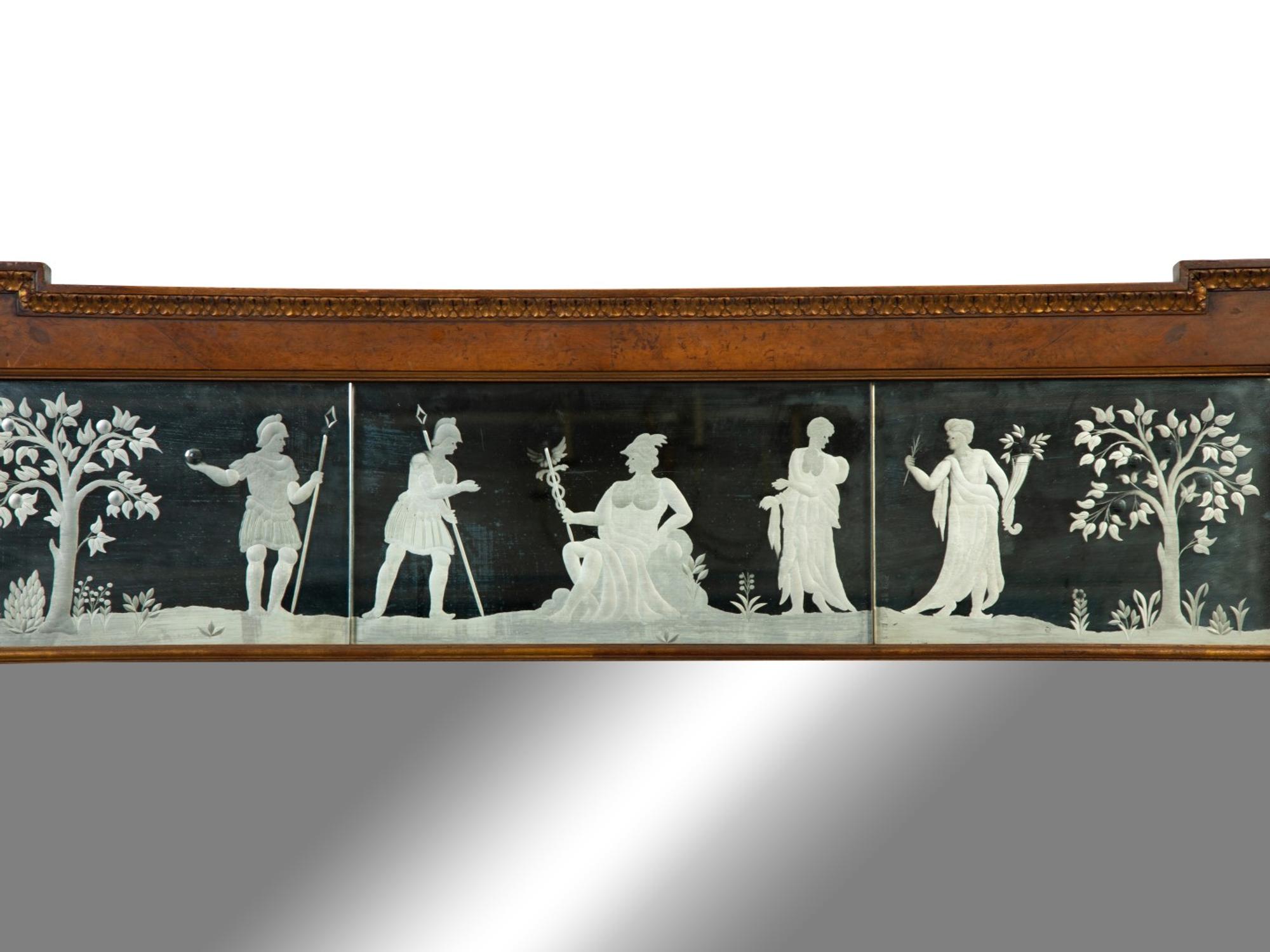 An Edwardian Carved Walnut and Etched Glass Overmantel Mirror