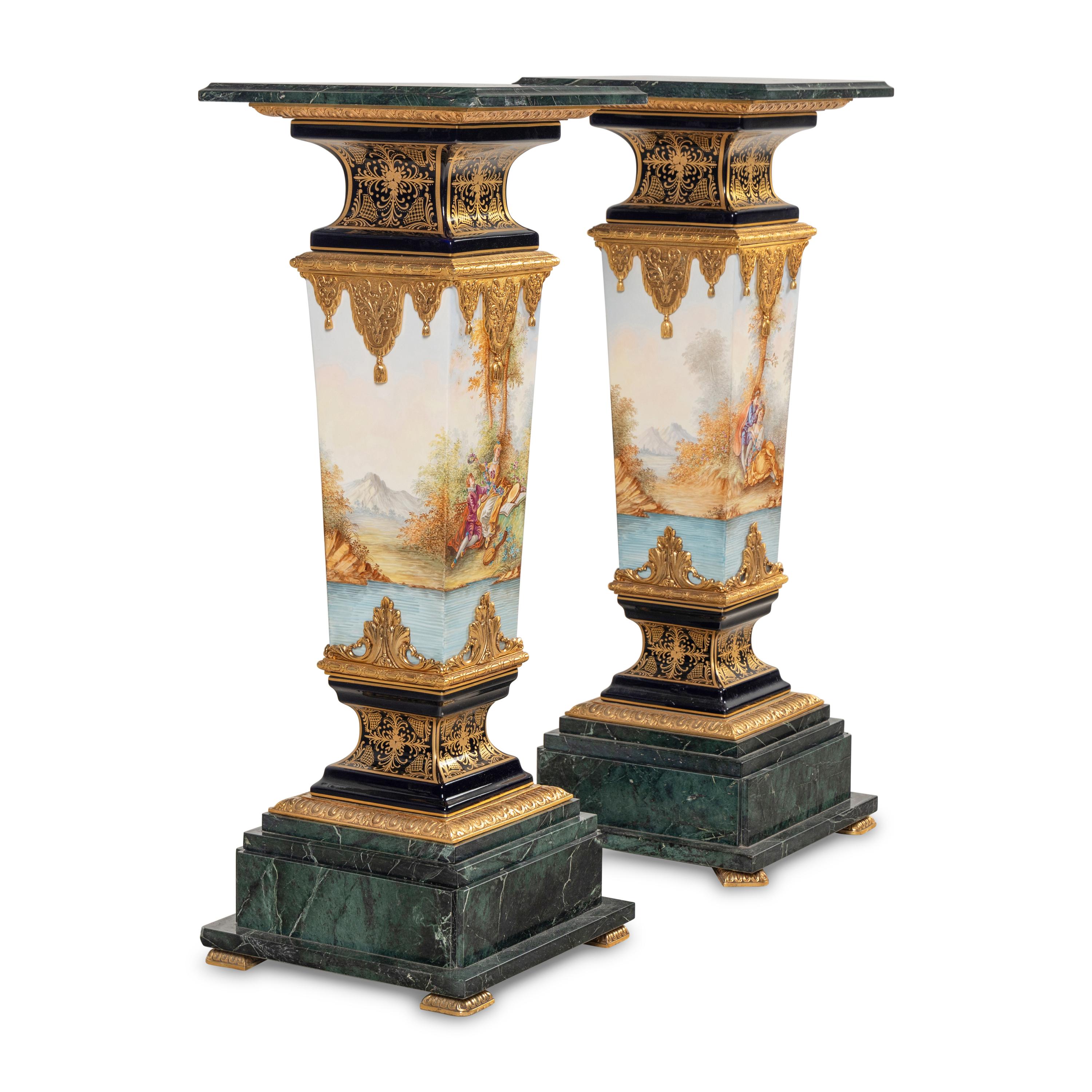 A Pair of Marble, Sèvres Style Porcelain and Gilt Metal Pedestals