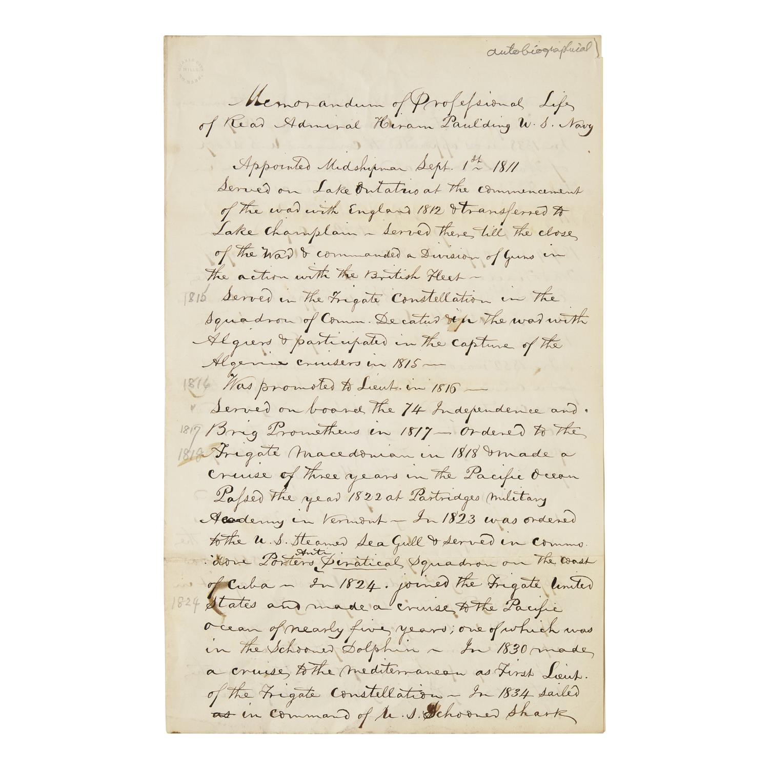 Paulding, Hiram. Autograph Manuscript