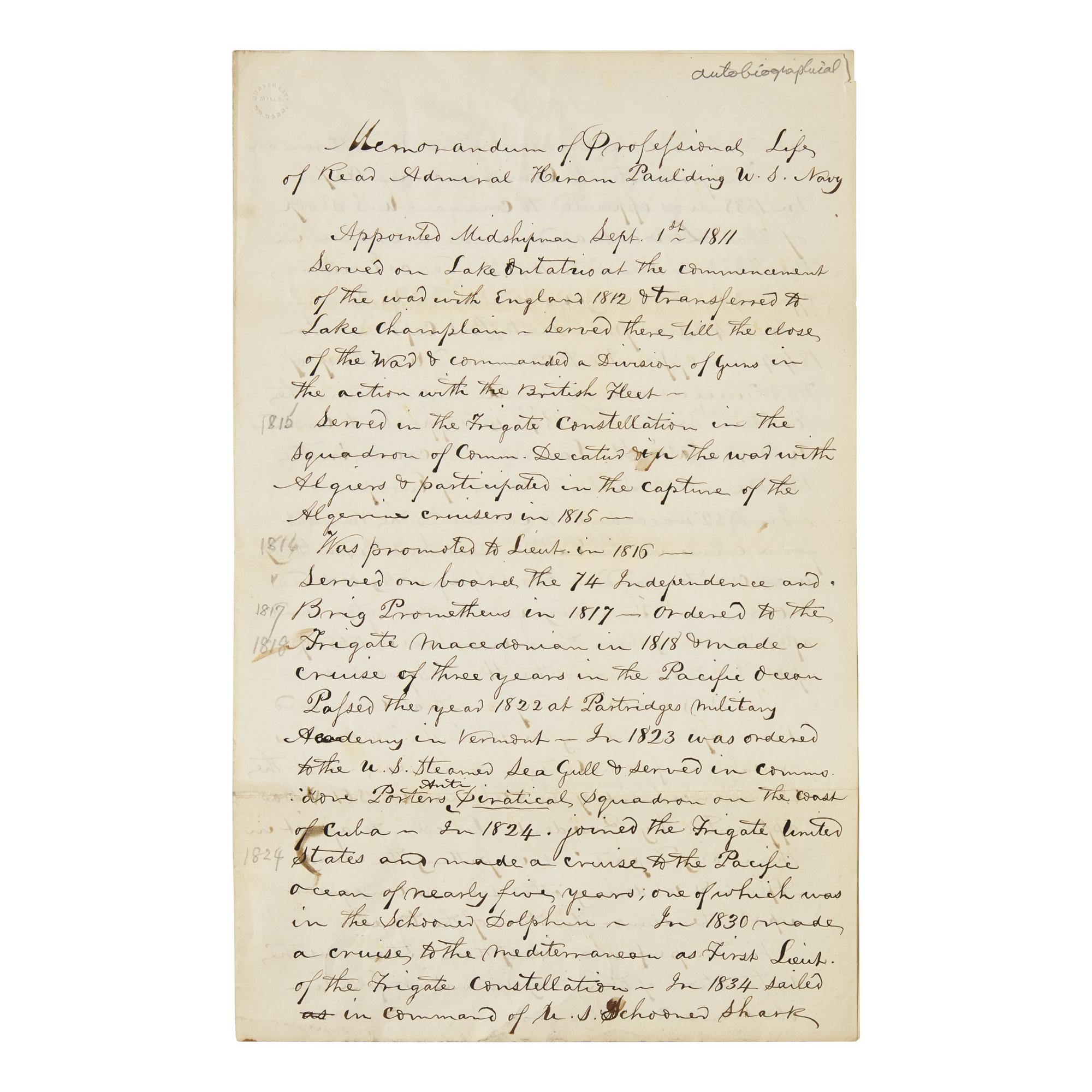 Paulding, Hiram. Autograph Manuscript