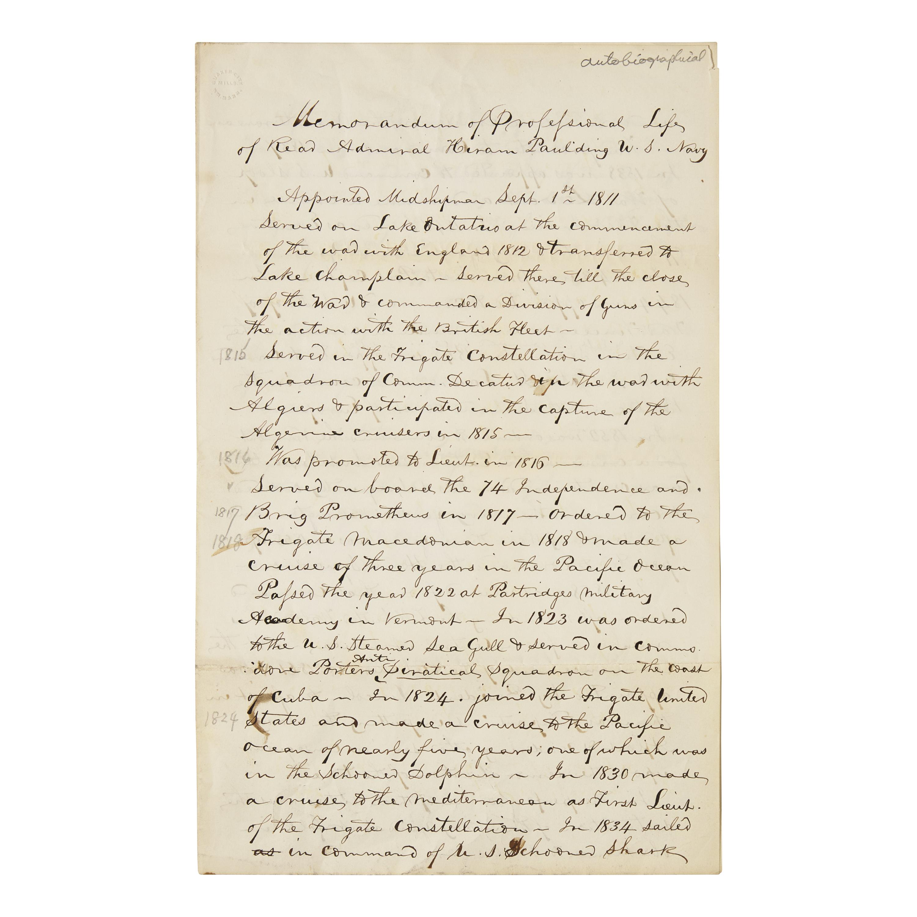 Paulding, Hiram. Autograph Manuscript