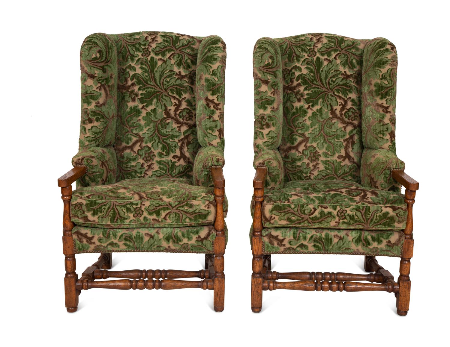 A Pair of English Oak Wingback Armchairs with Custom Velvet Upholstery