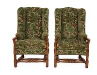 A Pair of English Oak Wingback Armchairs with Custom Velvet Upholstery
