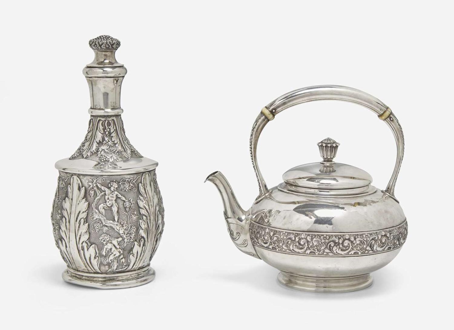 A Continental repoussé silver carafe and a sterling silver teapot, the teapot by Tiffany & Co., New York, NY, 1873-1891