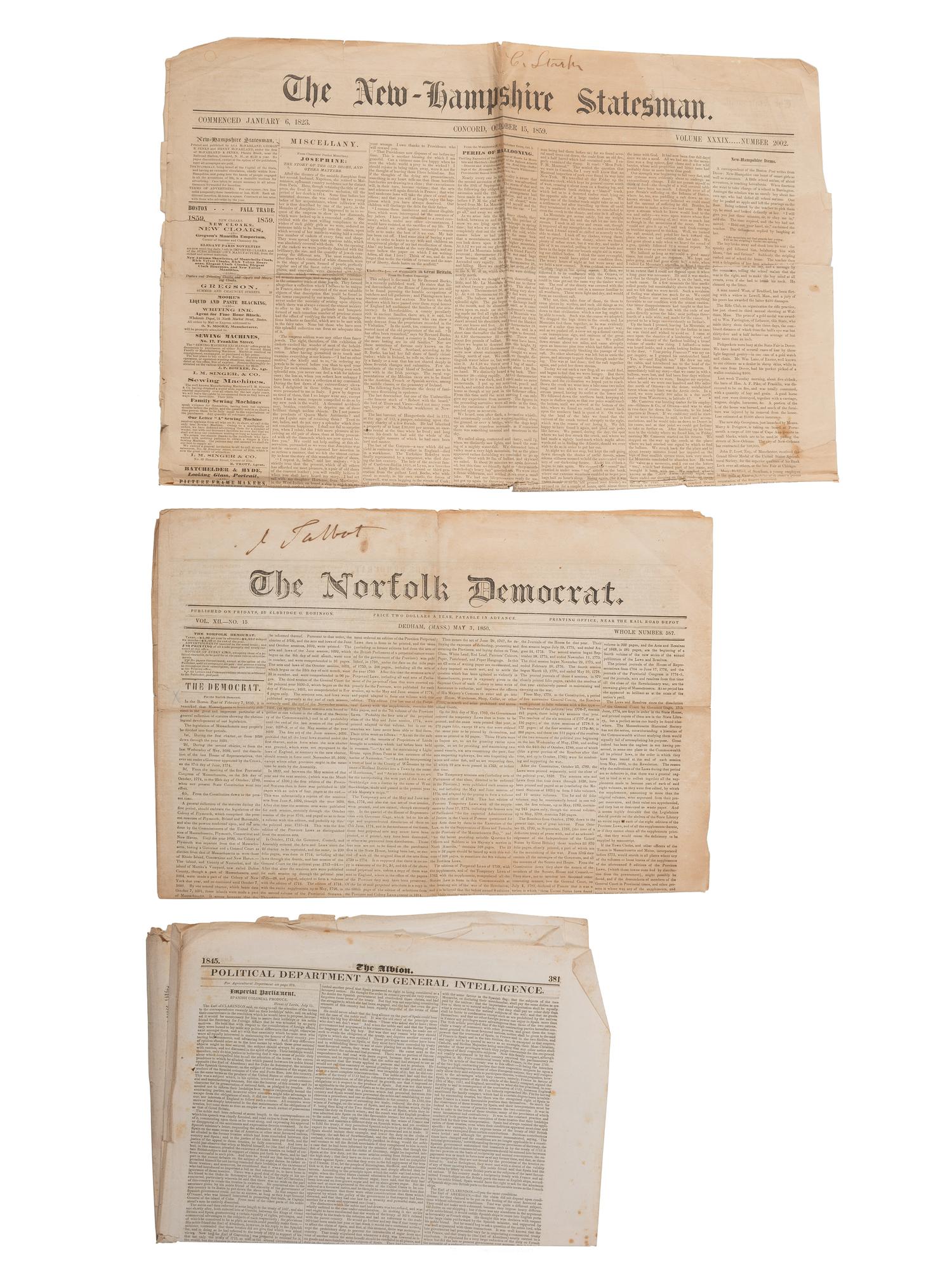 [WESTERN AMERICANA - NEWSPAPERS]. A group of mid-19th century newspapers featuring reporting on Texas, the West, Nevada mining, and Native Americans, comprising: