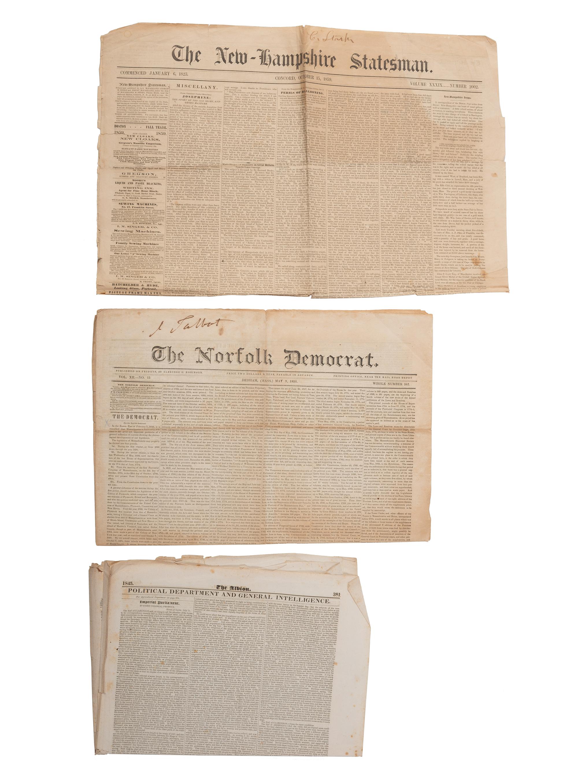 [WESTERN AMERICANA - NEWSPAPERS]. A group of mid-19th century newspapers featuring reporting on Texas, the West, Nevada mining, and Native Americans, comprising: