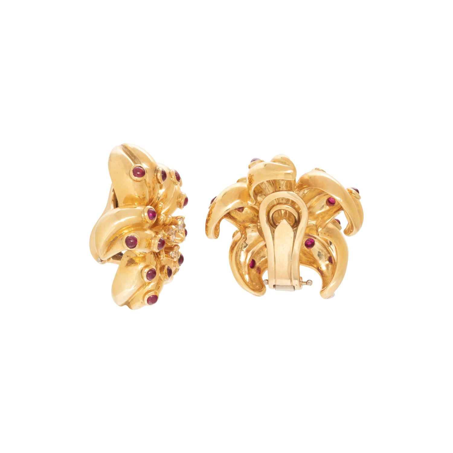 YELLOW GOLD, RUBY AND DIAMOND FLOWER EARCLIPS