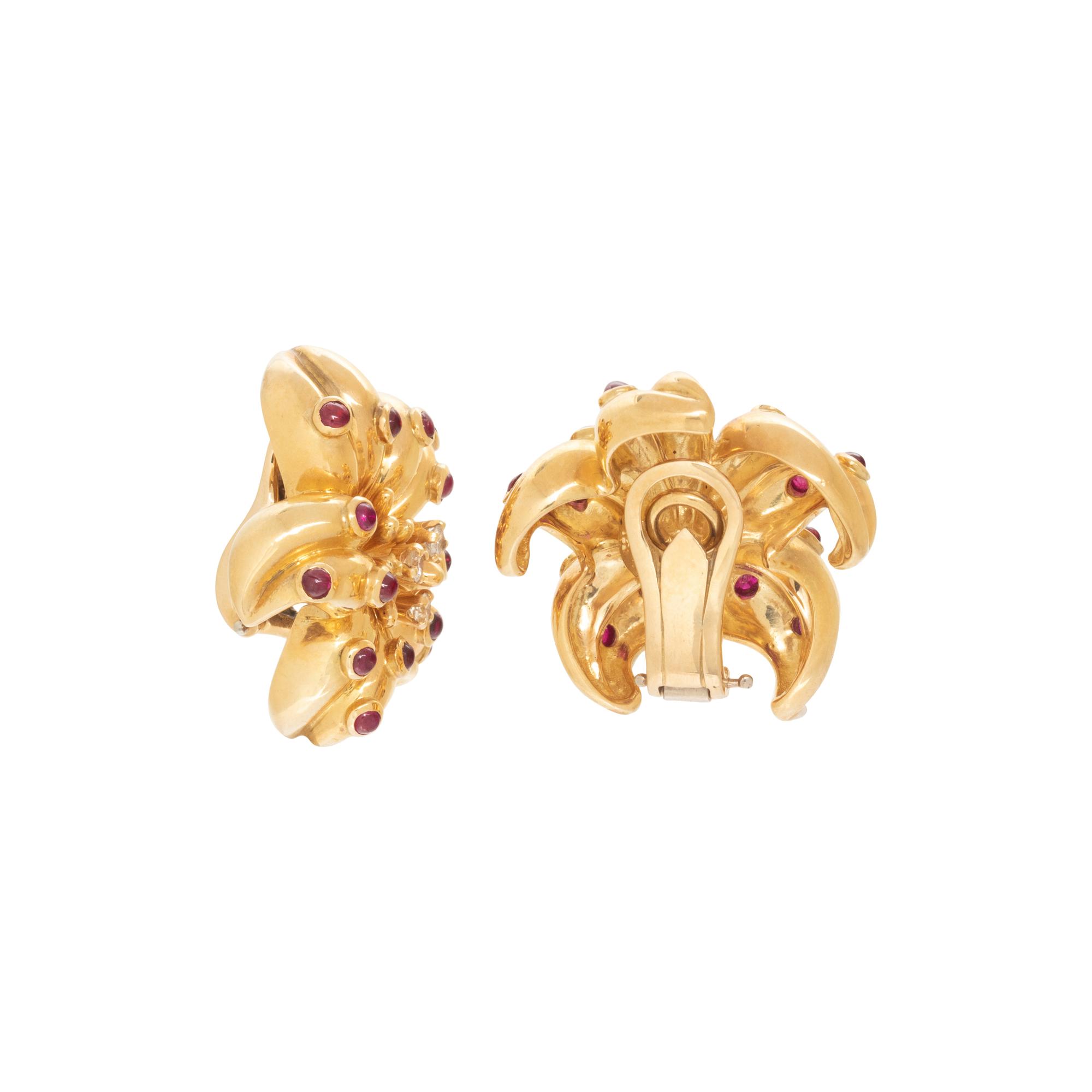 YELLOW GOLD, RUBY AND DIAMOND FLOWER EARCLIPS