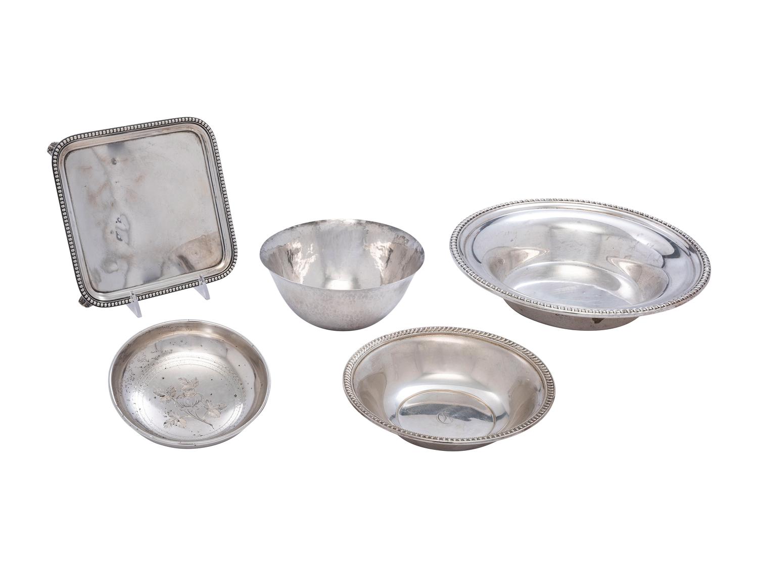 Four American Silver Serving Bowls and a Tray