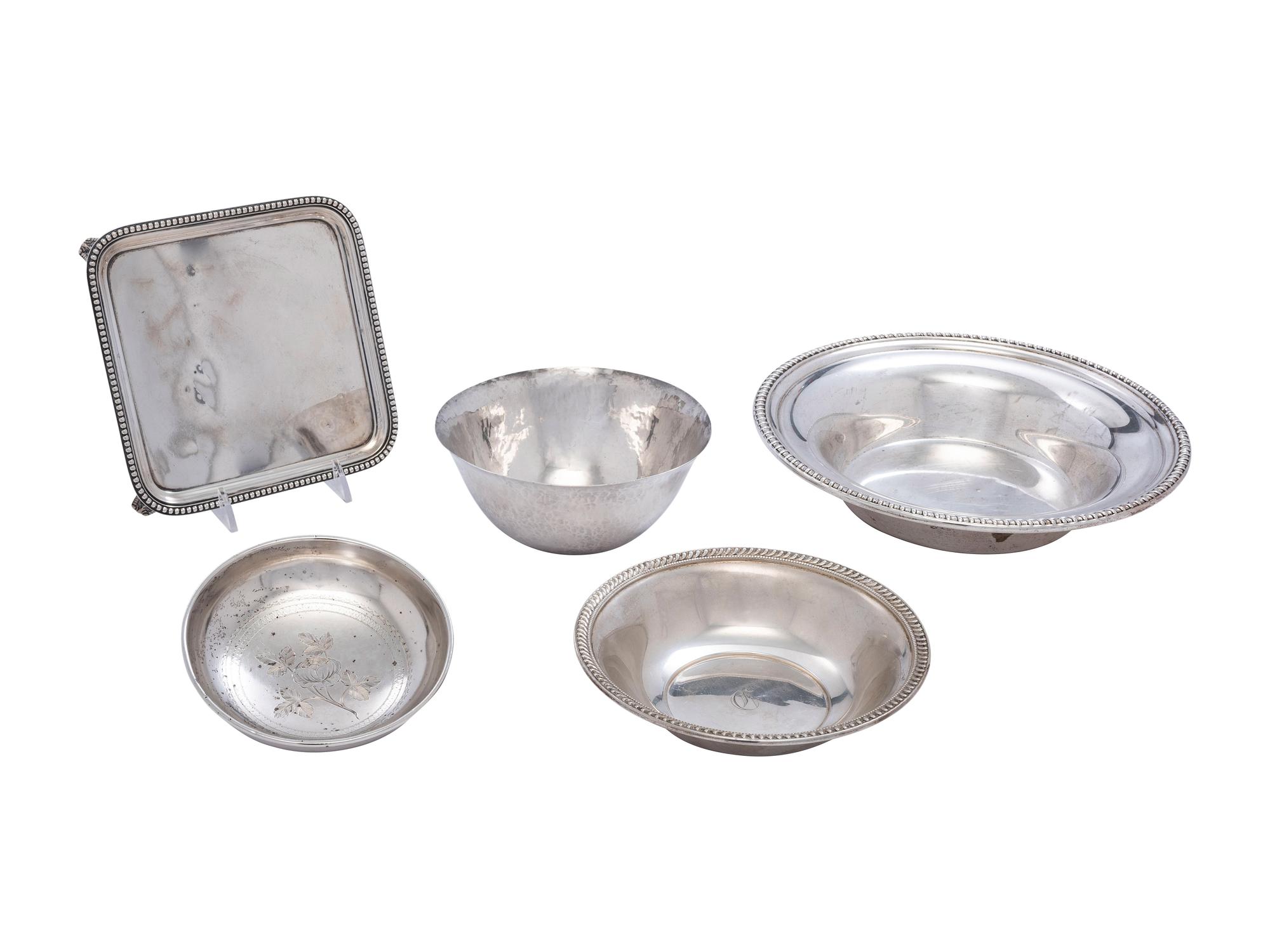Four American Silver Serving Bowls and a Tray