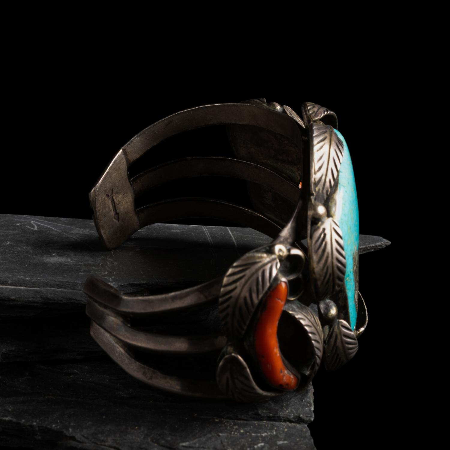 Navajo Silver, Turquoise, and Coral Cuff Bracelet