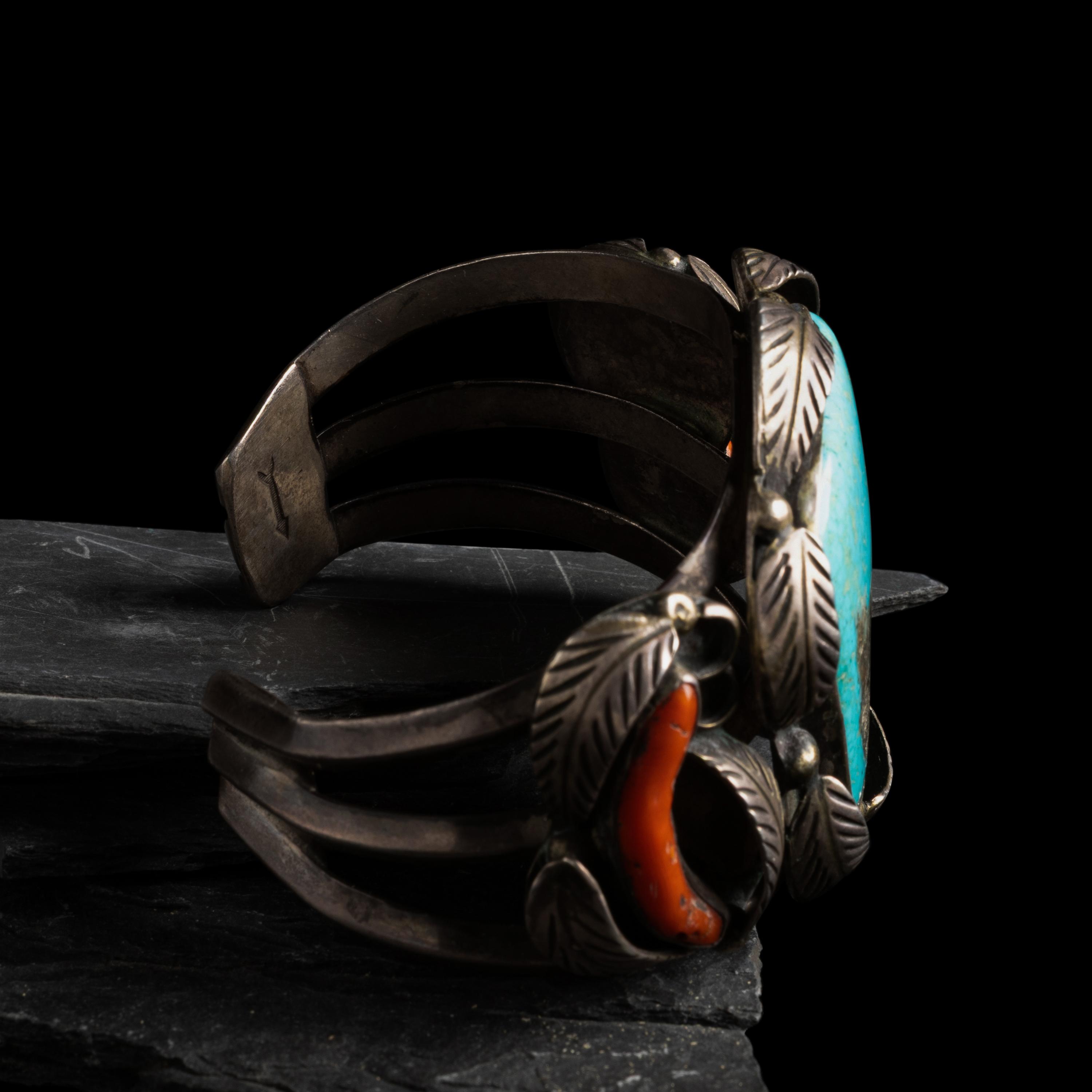 Navajo Silver, Turquoise, and Coral Cuff Bracelet