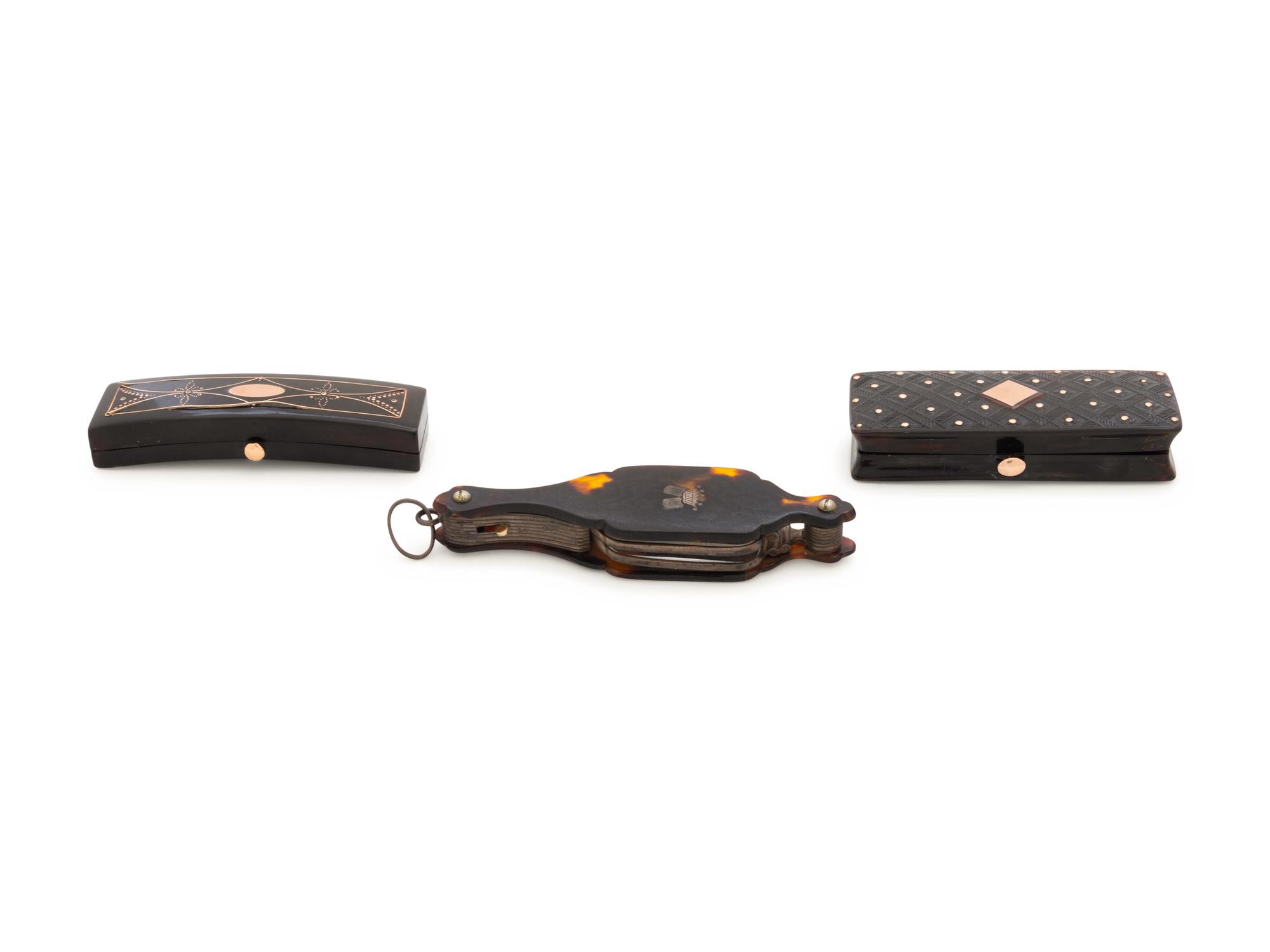Two English Tortoise Shell Veneer and Rose Gold Inset Étuis
