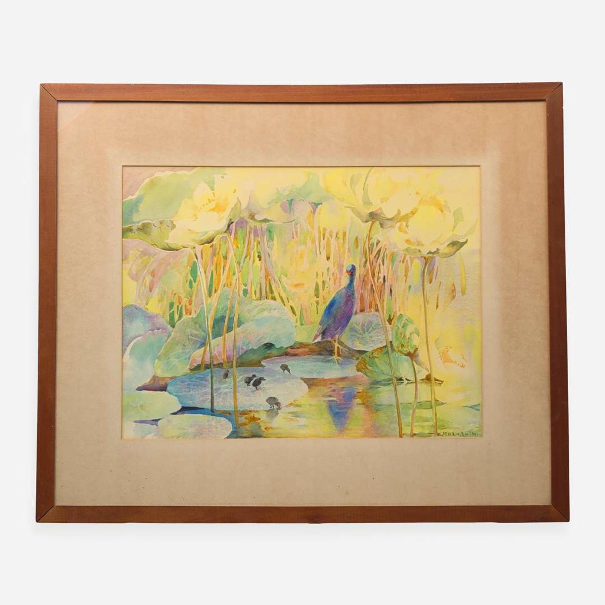 Lilliad R. Smith (American, 20th Century) Purple Gallinule Among Lotuses