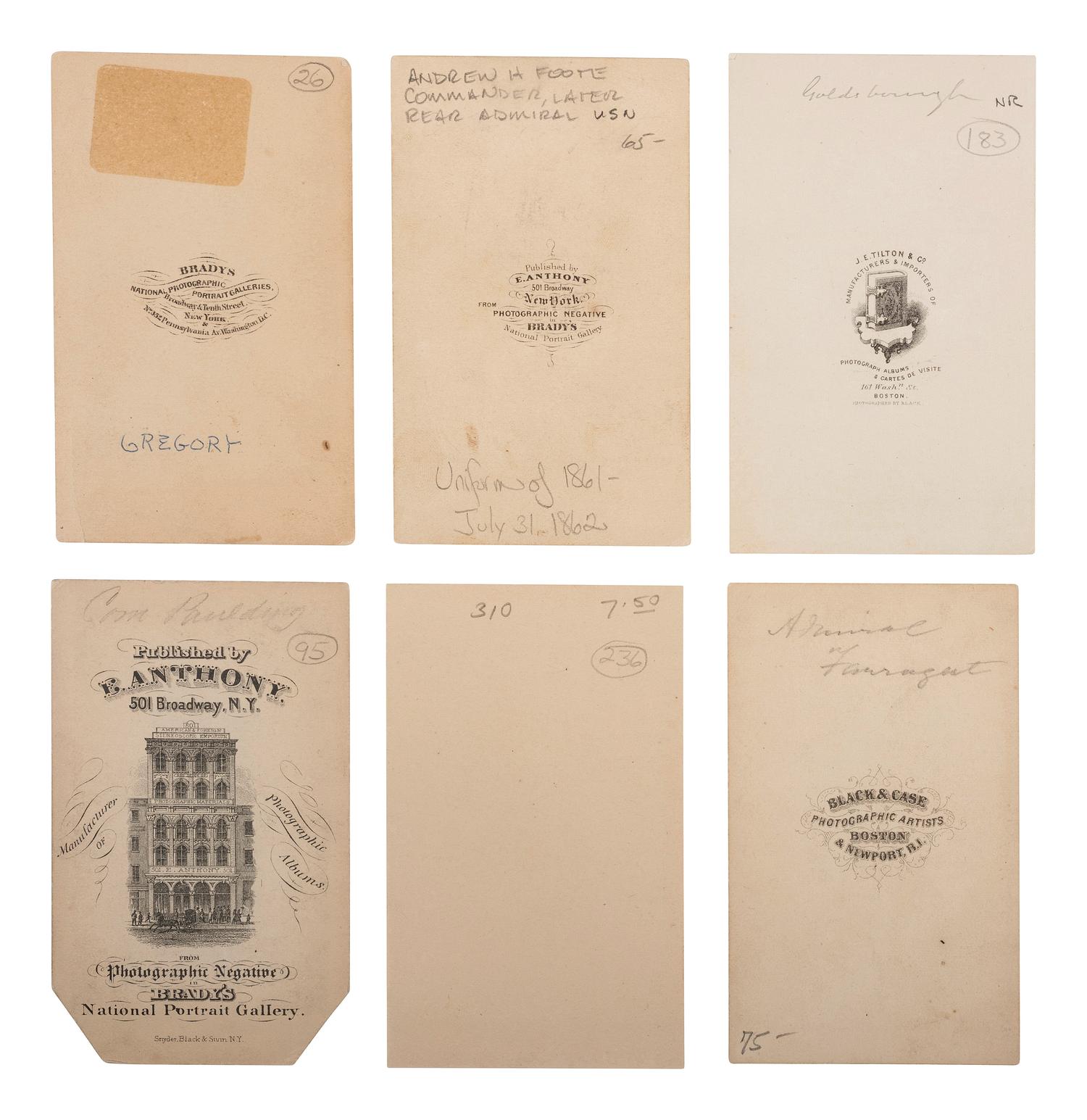 [CIVIL WAR]. A group of 6 CDVs of US Navy flag officers, comprising: