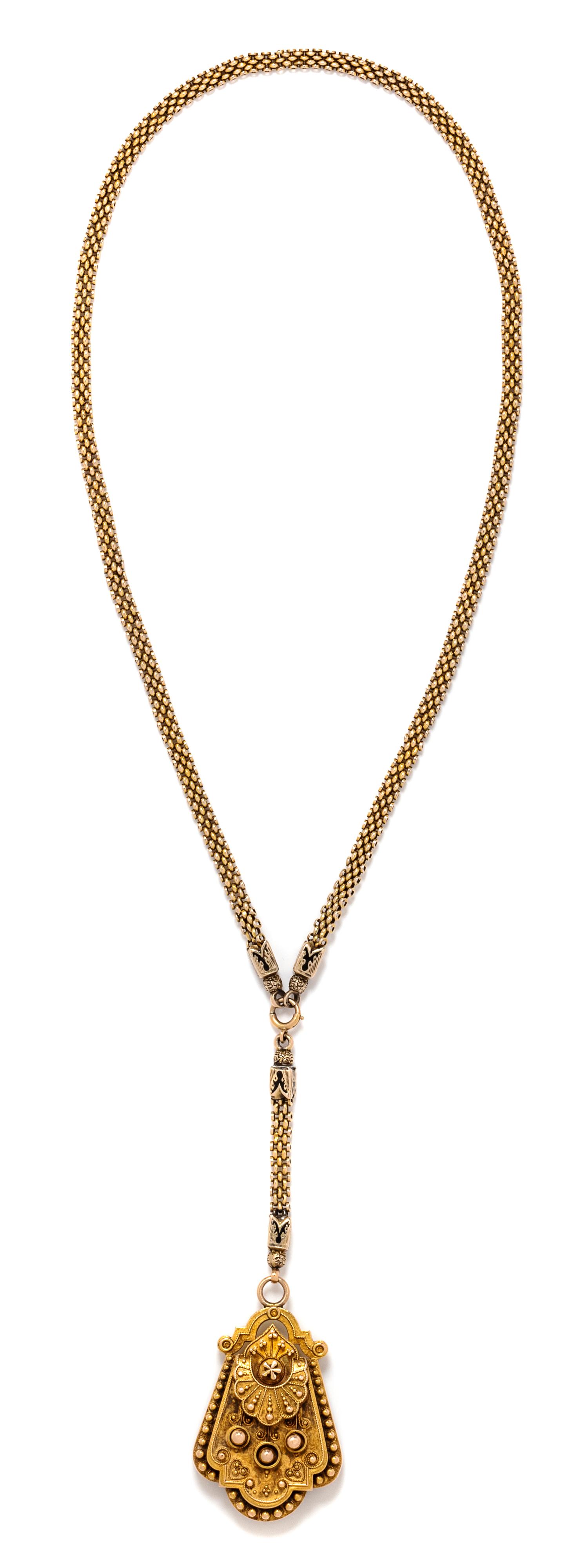 An Etruscan Revival Yellow Gold and Enamel Locket/Necklace, 26.40 dwts.