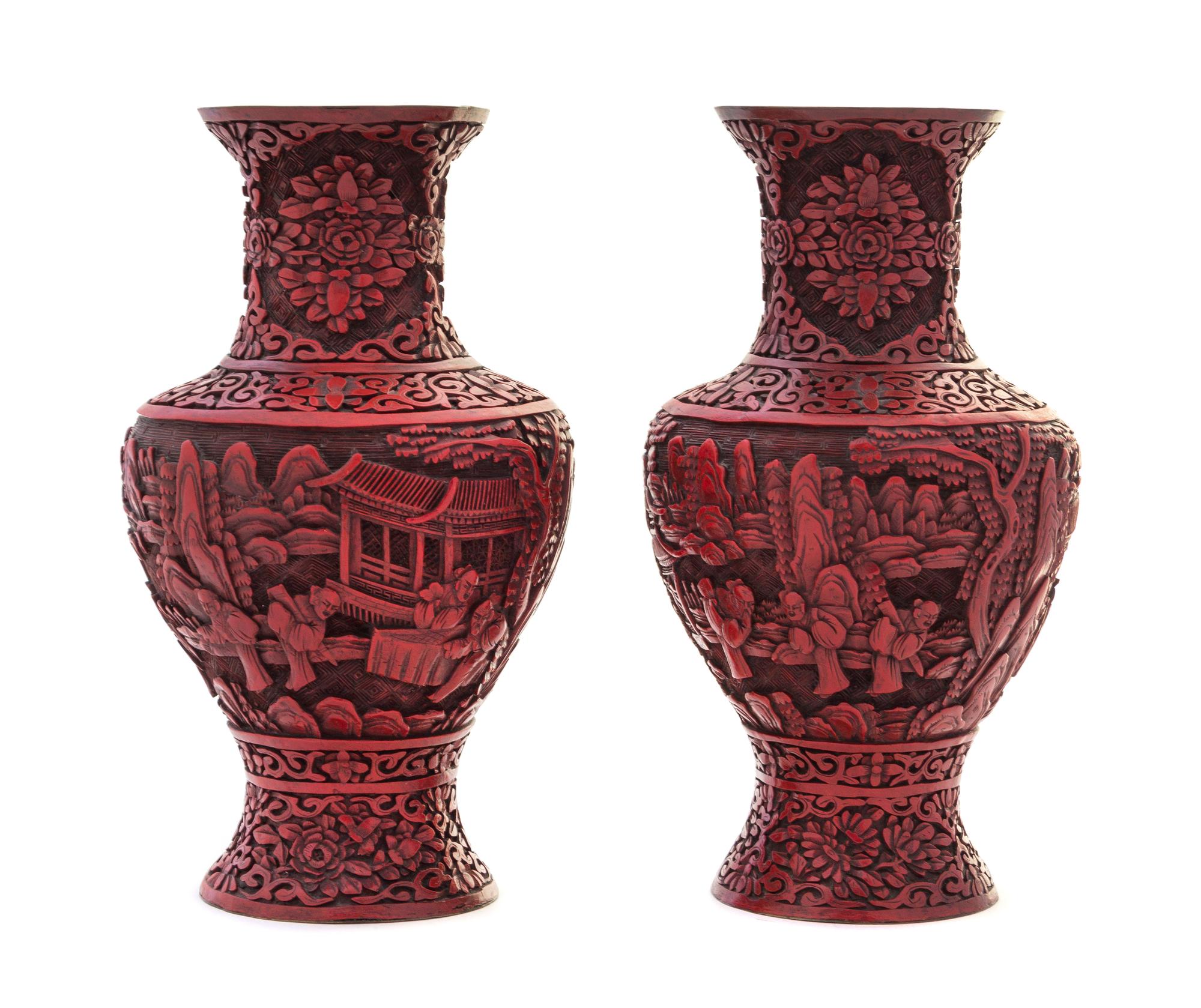 A Pair of Cinnabar Lacquer Vases Height of pair 8 3/4 inches.
