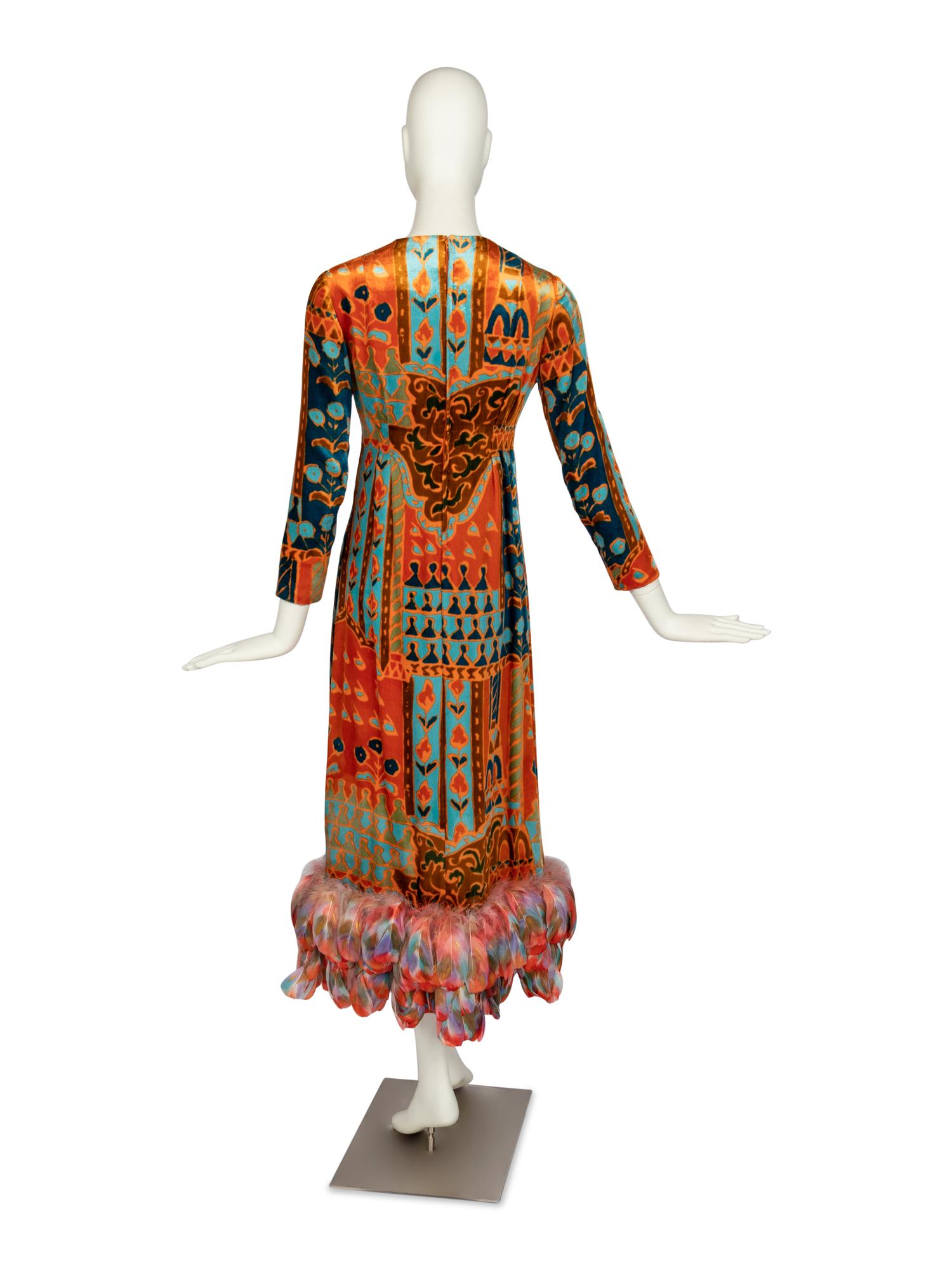 Bill Blass Printed Velvet Gown with Feather Hem, c. 1972