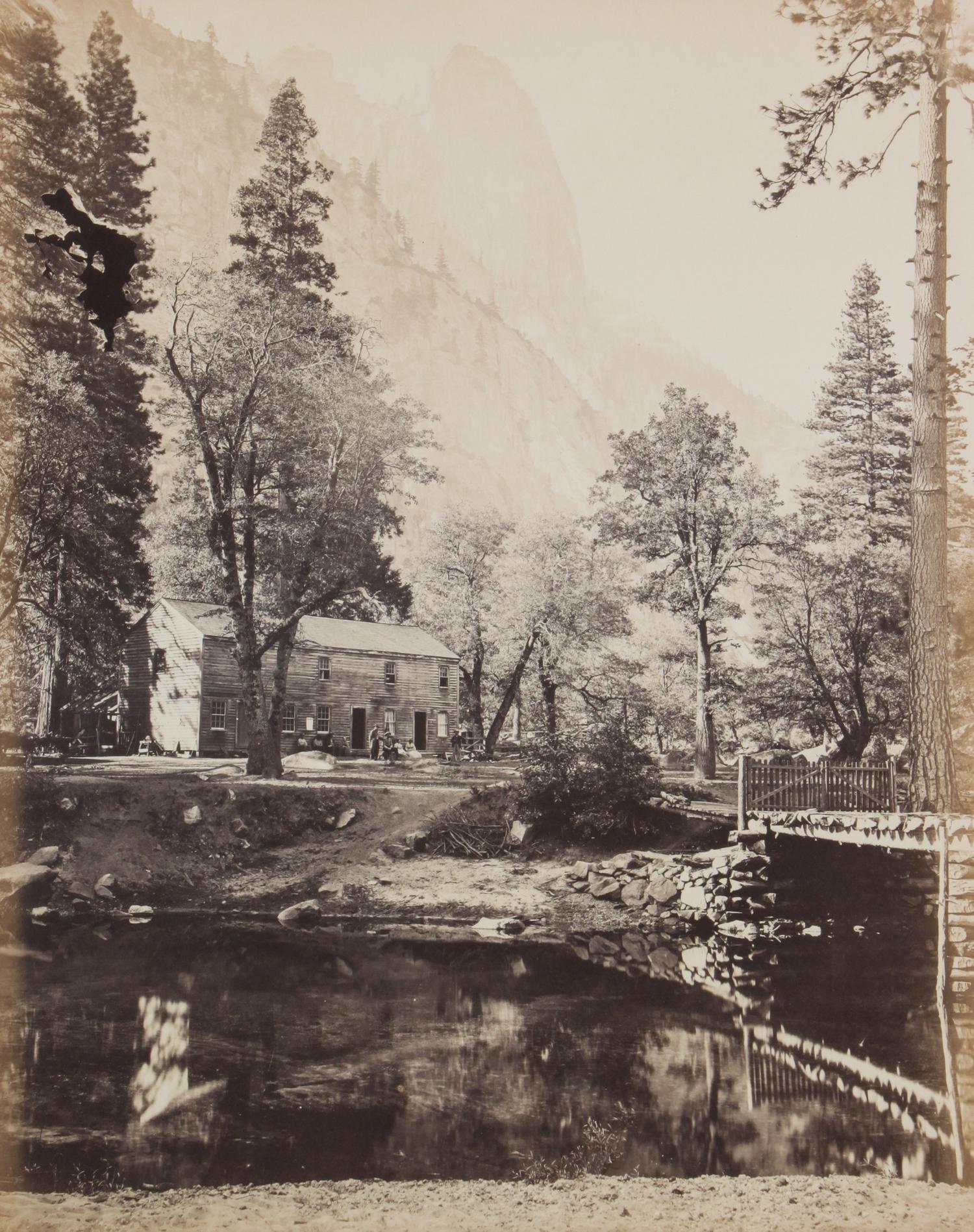 Carleton Eugene Watkins, (American, 1829-1916), Nevada Fall and Butte View of the Merced, Yosemite Hutching's Hotel, Sentinel Rock, Yos