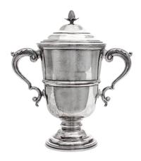 An English Silver Twin-Handled Cup and Cover, David Lawrence Silverware, Birmingham, 1963, the domed lid having a pinecone finial, the