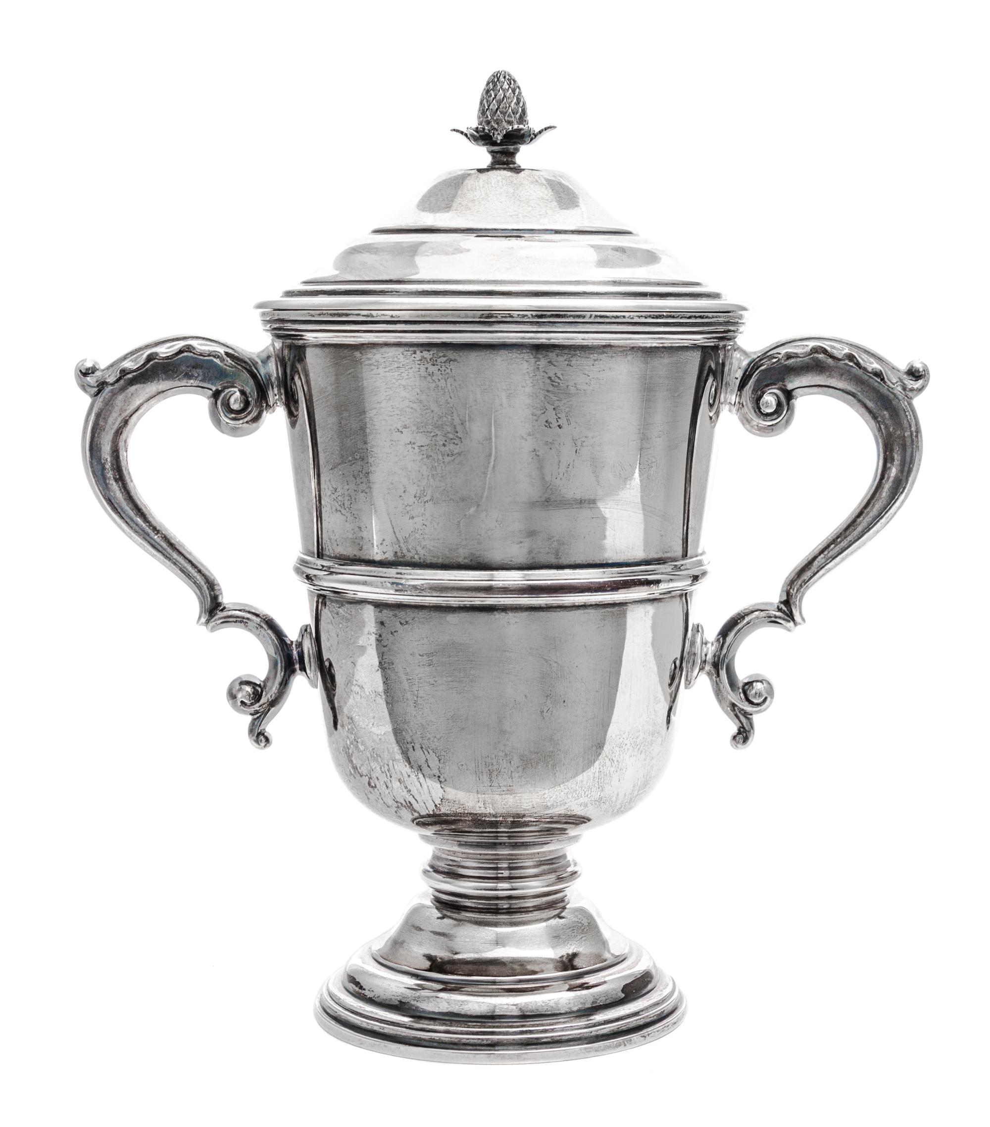 An English Silver Twin-Handled Cup and Cover, David Lawrence Silverware, Birmingham, 1963, the domed lid having a pinecone finial, the