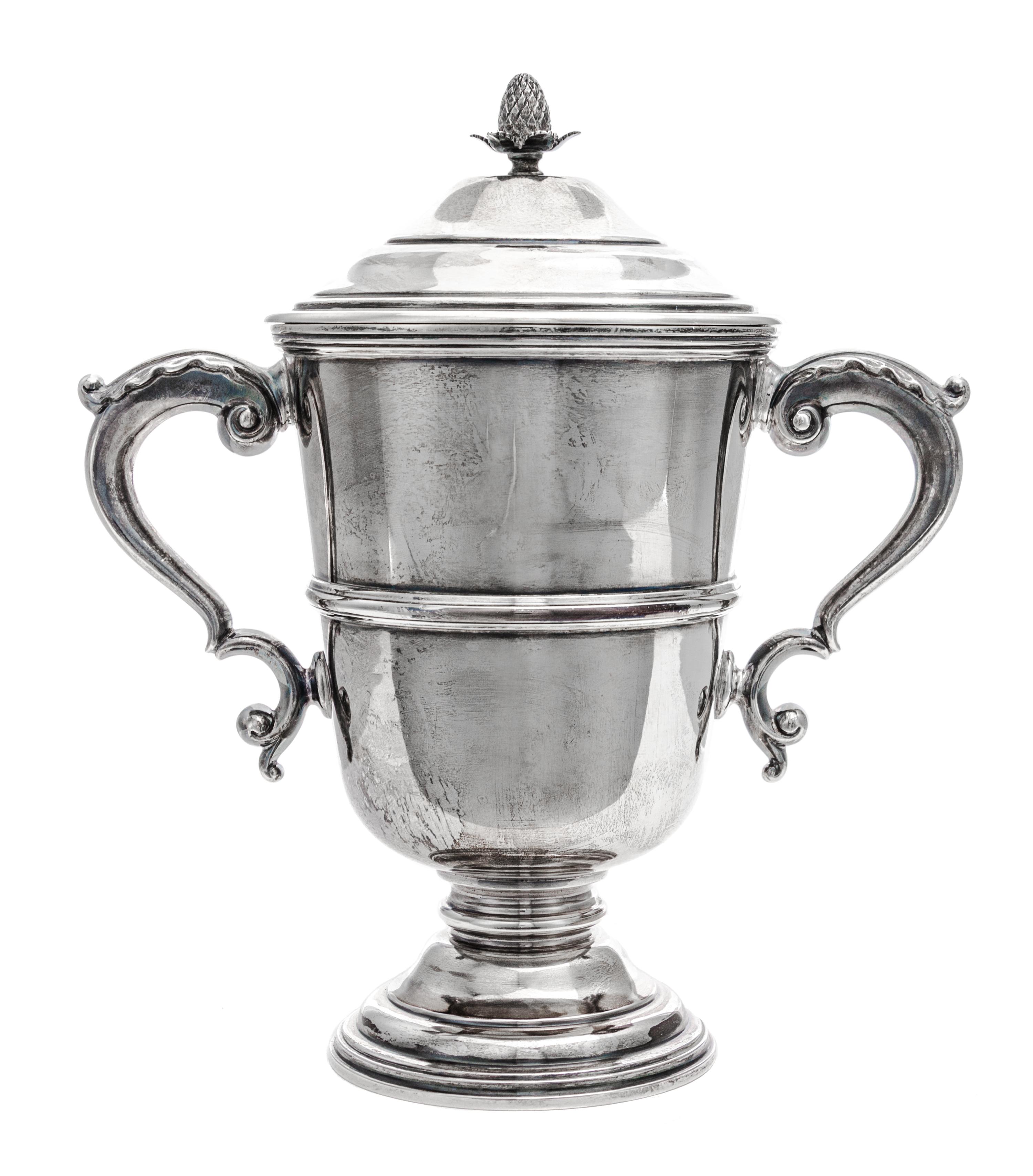 An English Silver Twin-Handled Cup and Cover, David Lawrence Silverware, Birmingham, 1963, the domed lid having a pinecone finial, the