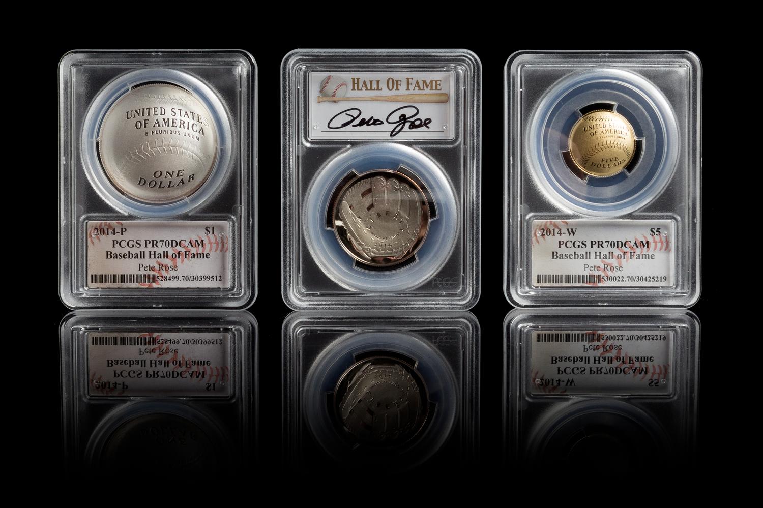 A Set of Three United States 2014 Baseball Hall of Fame Commemorative Coins With Pete Rose Autographed Case