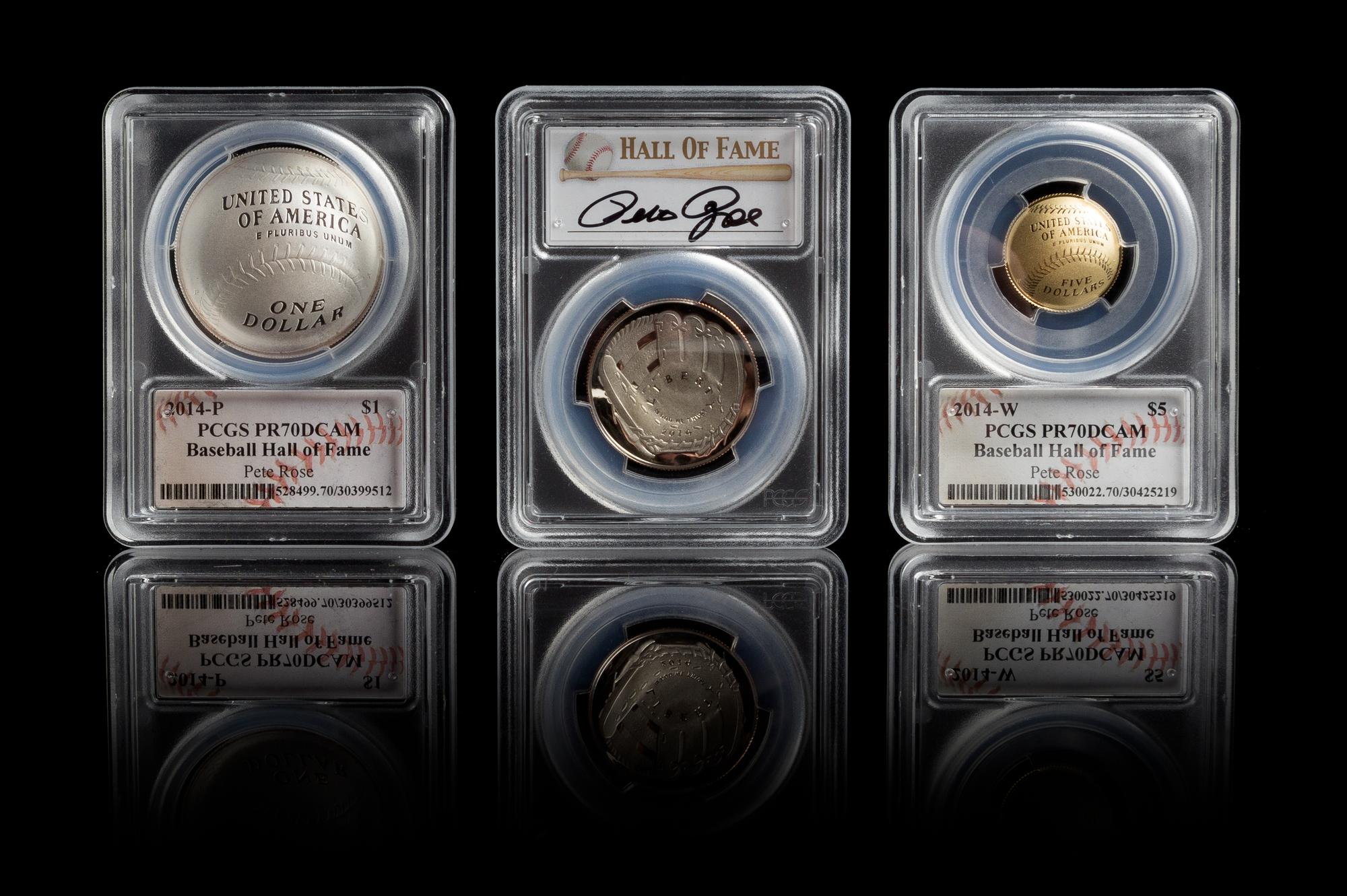 A Set of Three United States 2014 Baseball Hall of Fame Commemorative Coins With Pete Rose Autographed Case