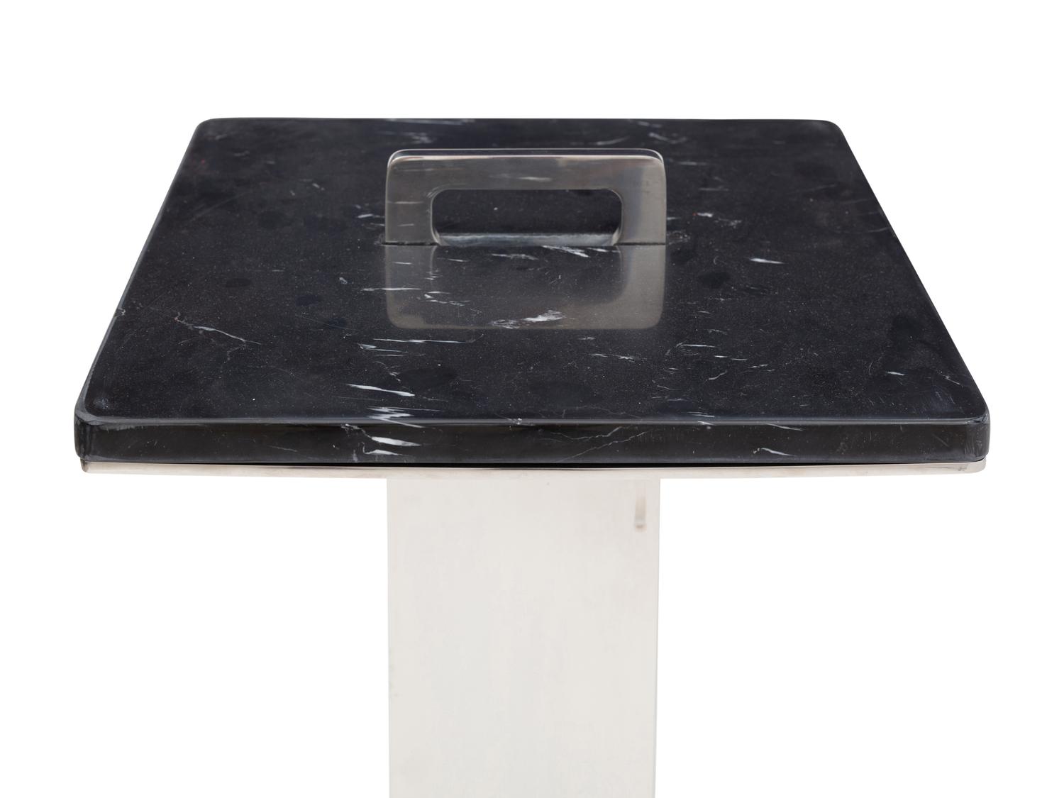 A Pair of Contemporary Polished Steel and Marble Side Tables