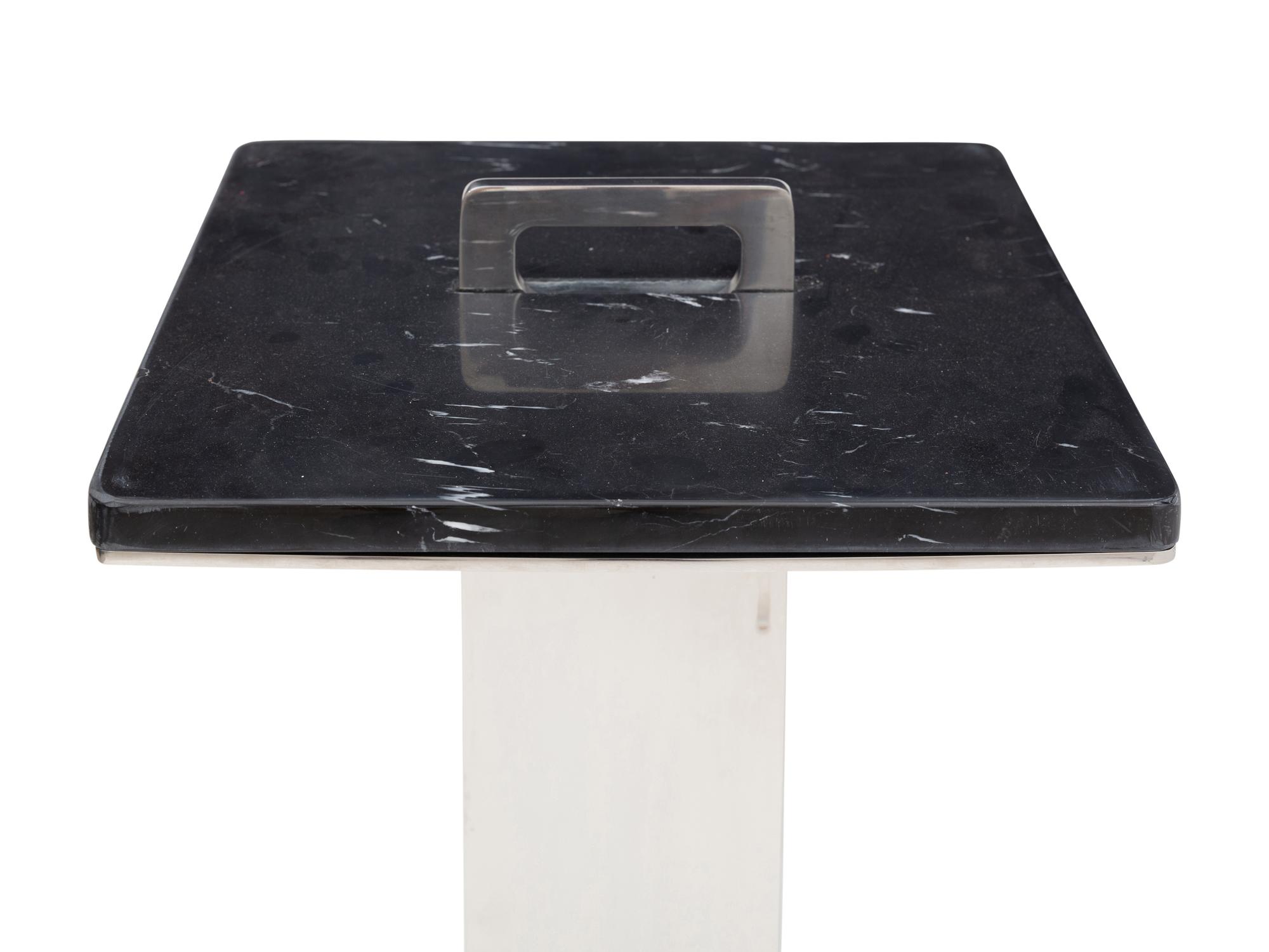 A Pair of Contemporary Polished Steel and Marble Side Tables
