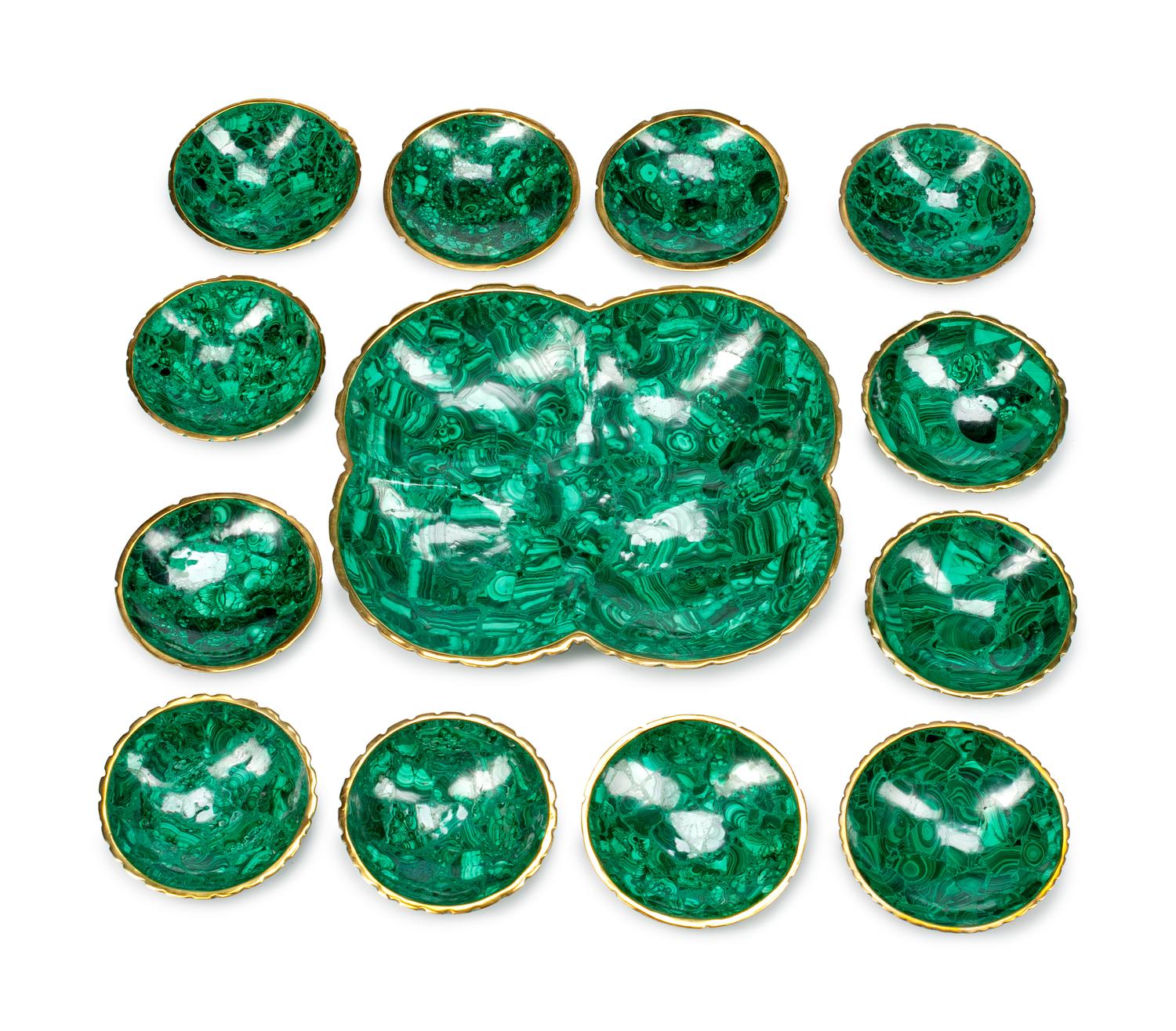 A Russian Malachite-Veneered Thirteen-Piece Nut Service