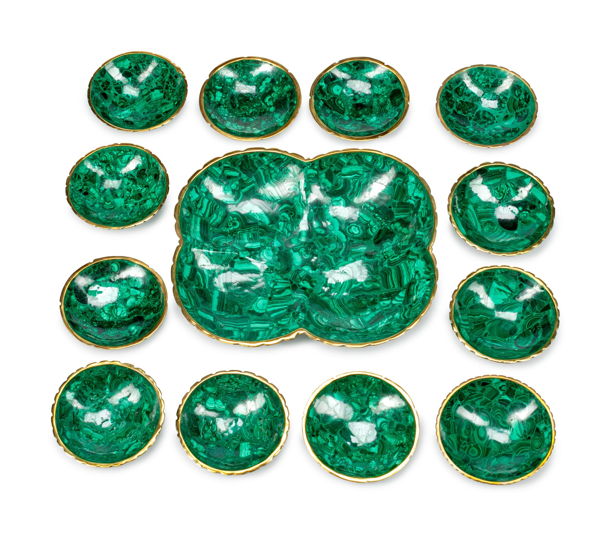 A Russian Malachite-Veneered Thirteen-Piece Nut Service