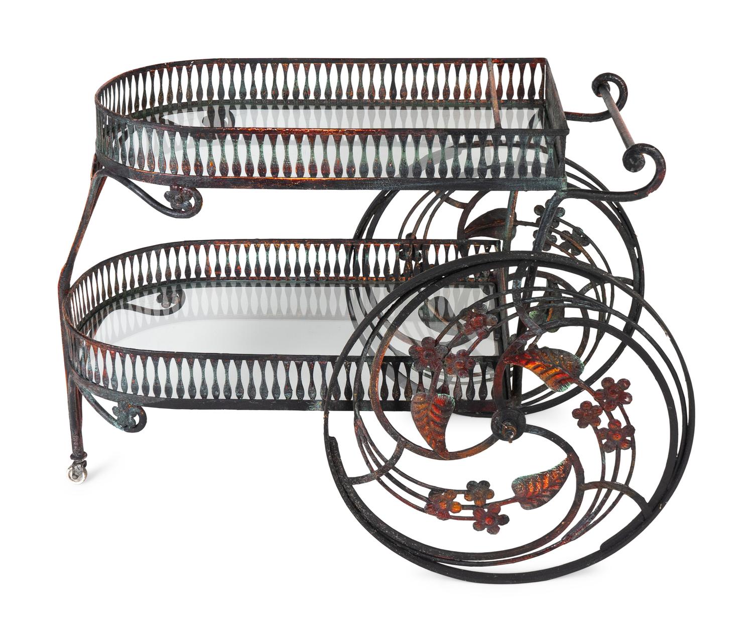 A Salterini Wrought Iron and Glass Palm Springs Pattern Bar Cart — 20TH CENTURY