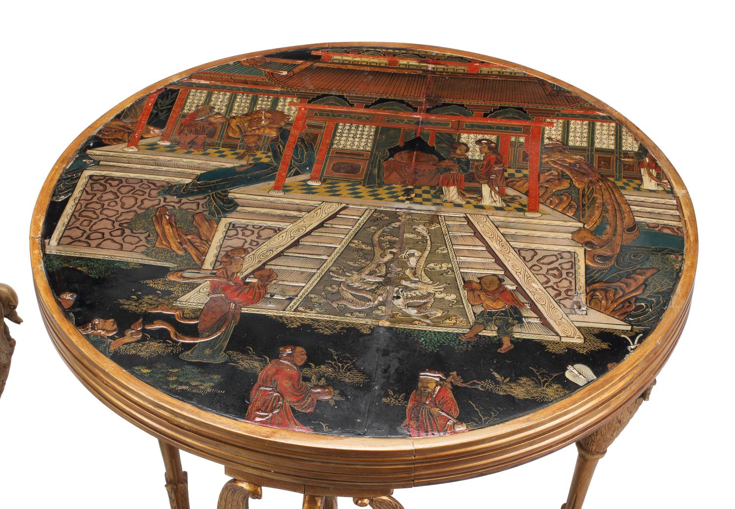 A Pair of Directoire Style Giltwood and Chinese Lacquer Tables