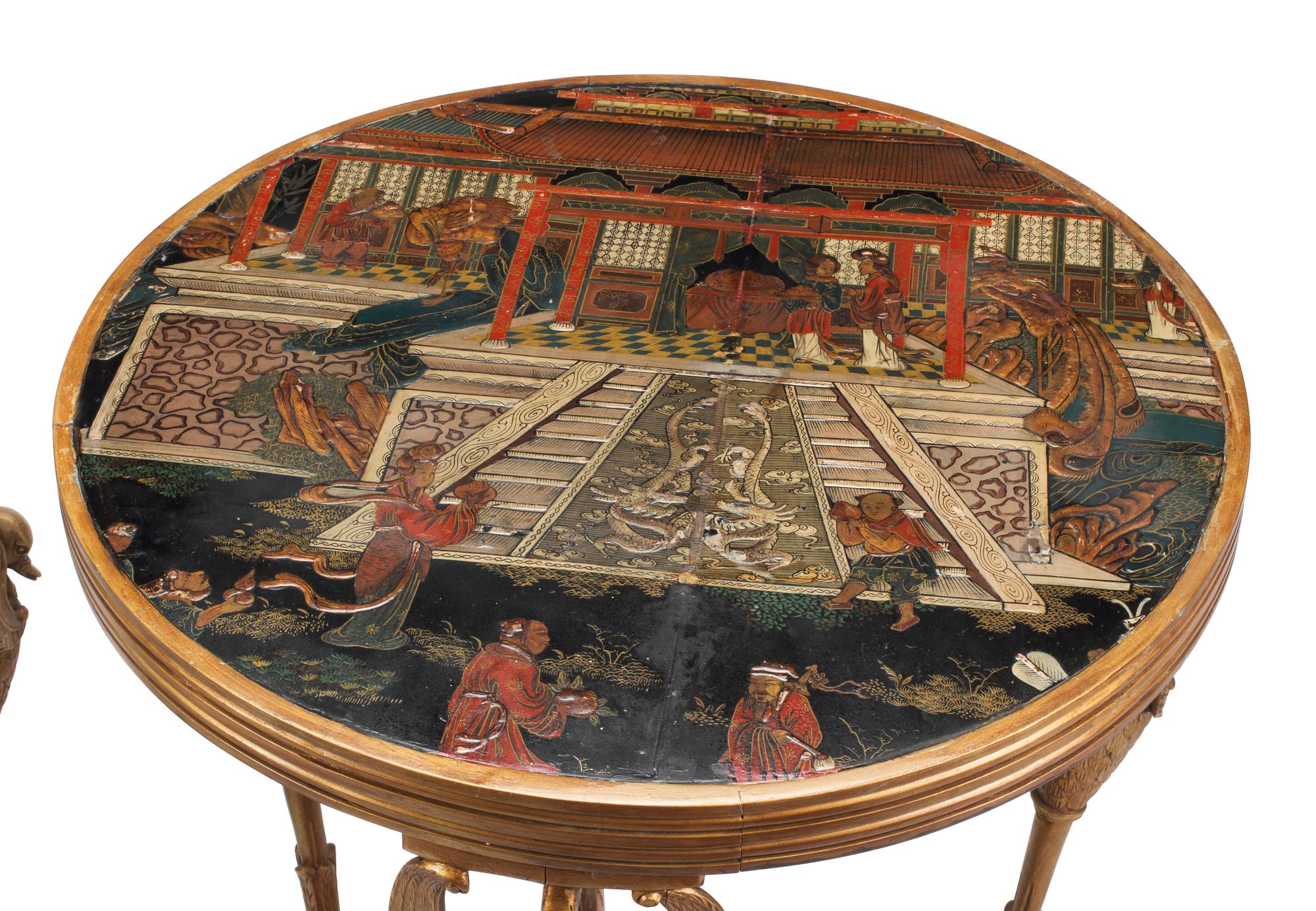 A Pair of Directoire Style Giltwood and Chinese Lacquer Tables