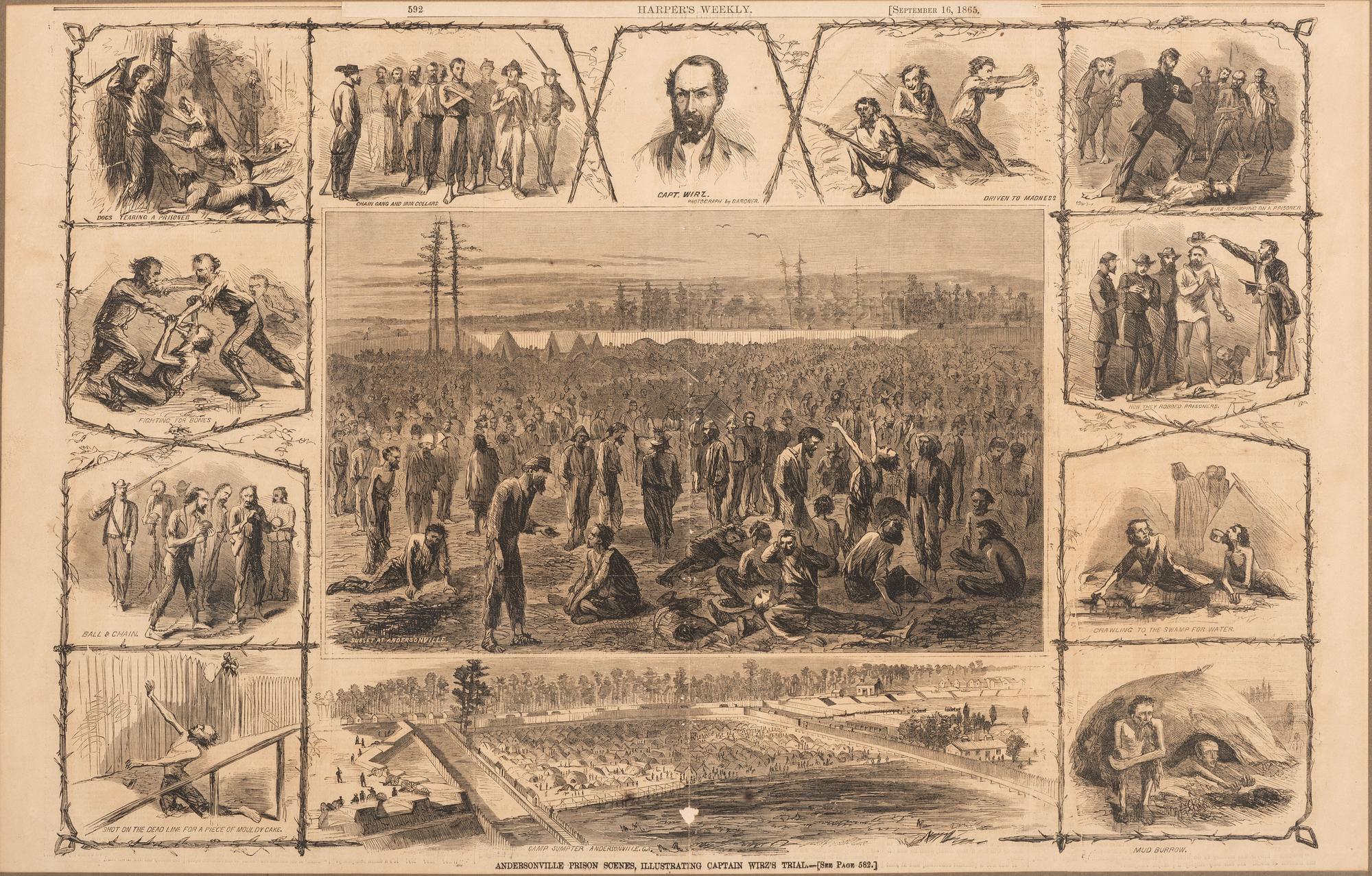 [CIVIL WAR]. 8 framed prints related to Libby Prison, Andersonville, and the trial of Henry Wirz.