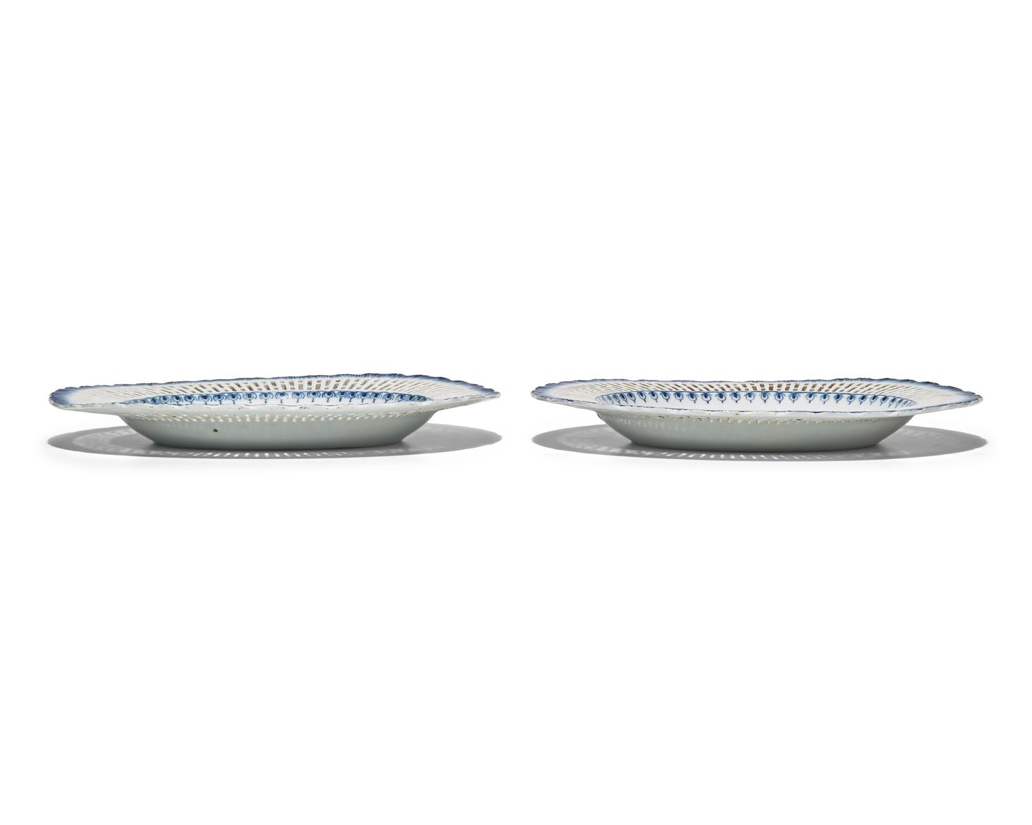 Two Chinese Export Porcelain Blue Fitzhugh Oval Reticulated and Feathered Edge Serving Plates