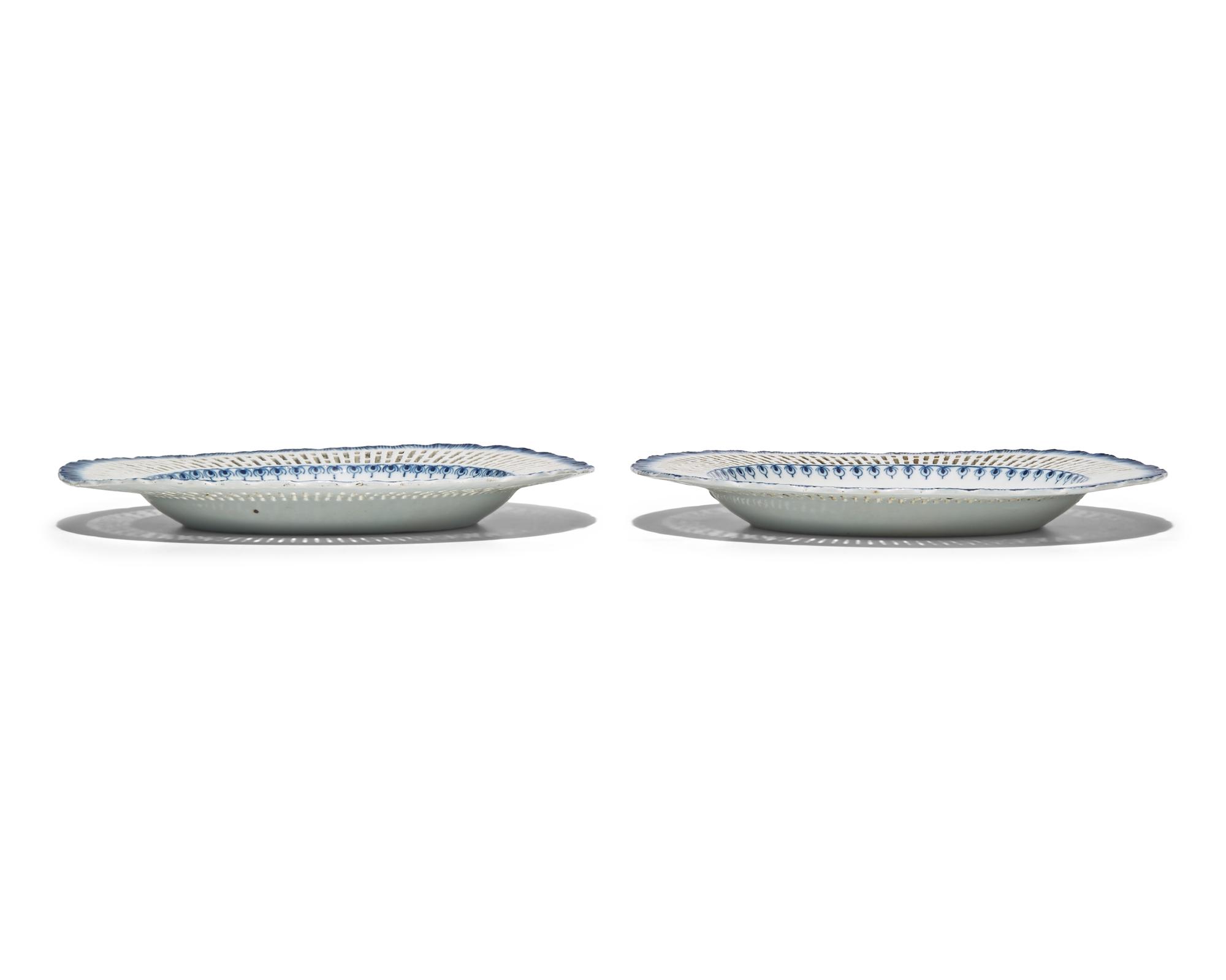 Two Chinese Export Porcelain Blue Fitzhugh Oval Reticulated and Feathered Edge Serving Plates