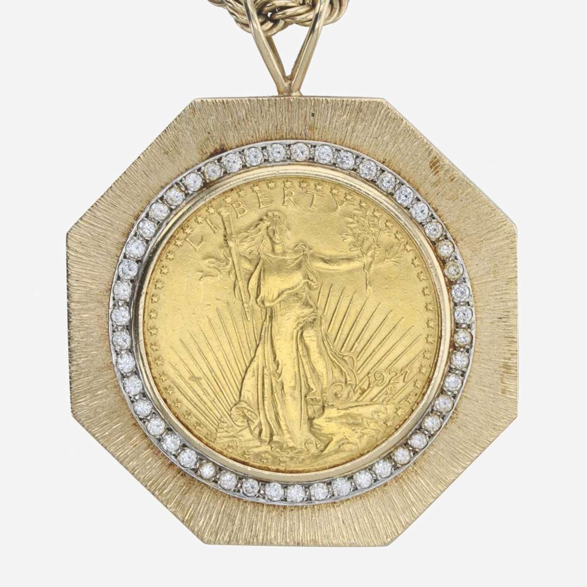 A 1927 St. Gaudens $20 gold coin and diamond necklace