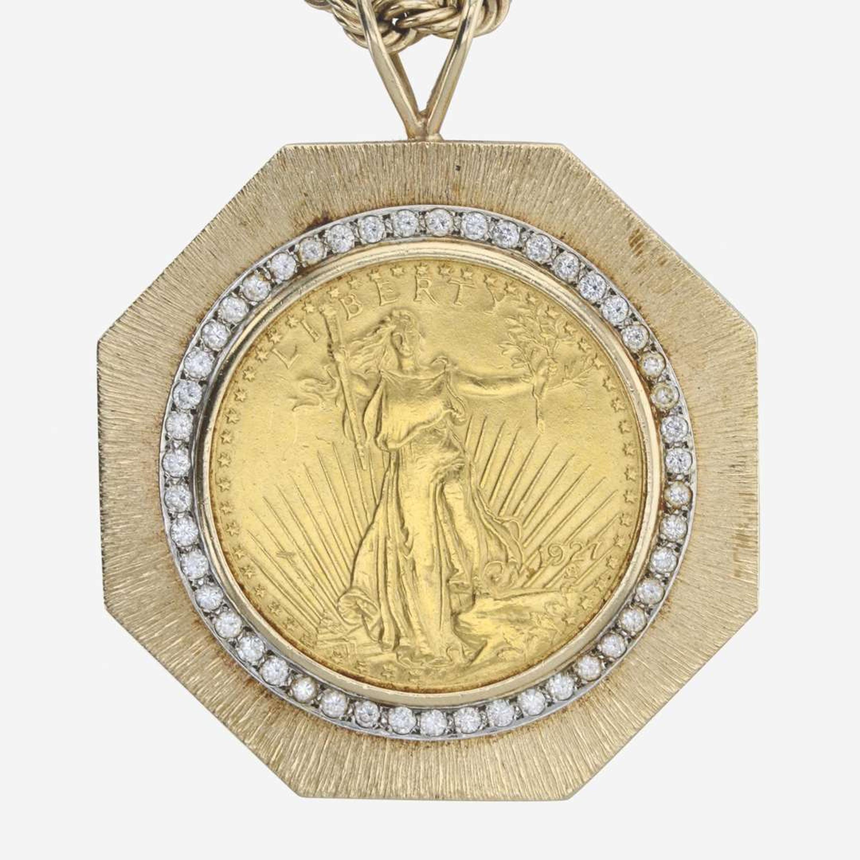 A 1927 St. Gaudens $20 gold coin and diamond necklace